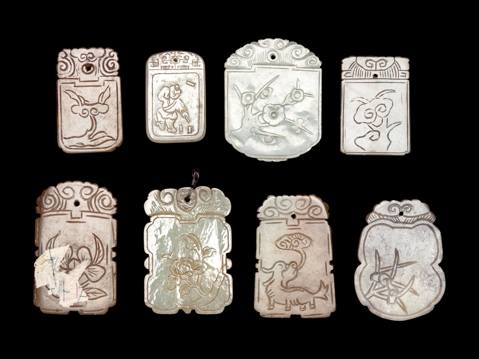 Eight Chinese Celadon Jade Carved Plaques