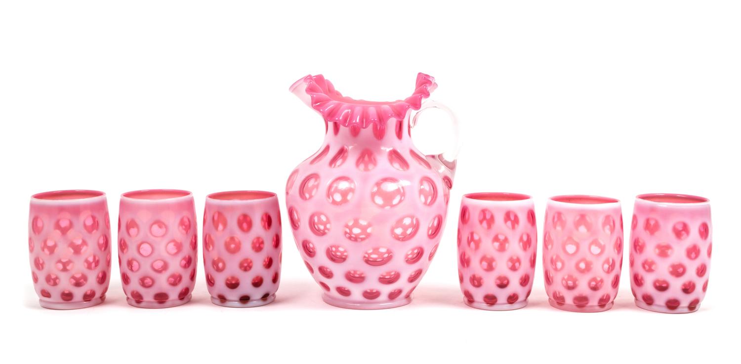A Cranberry Coin Dot Drink Set Height of pitcher 8 1/2 inches.