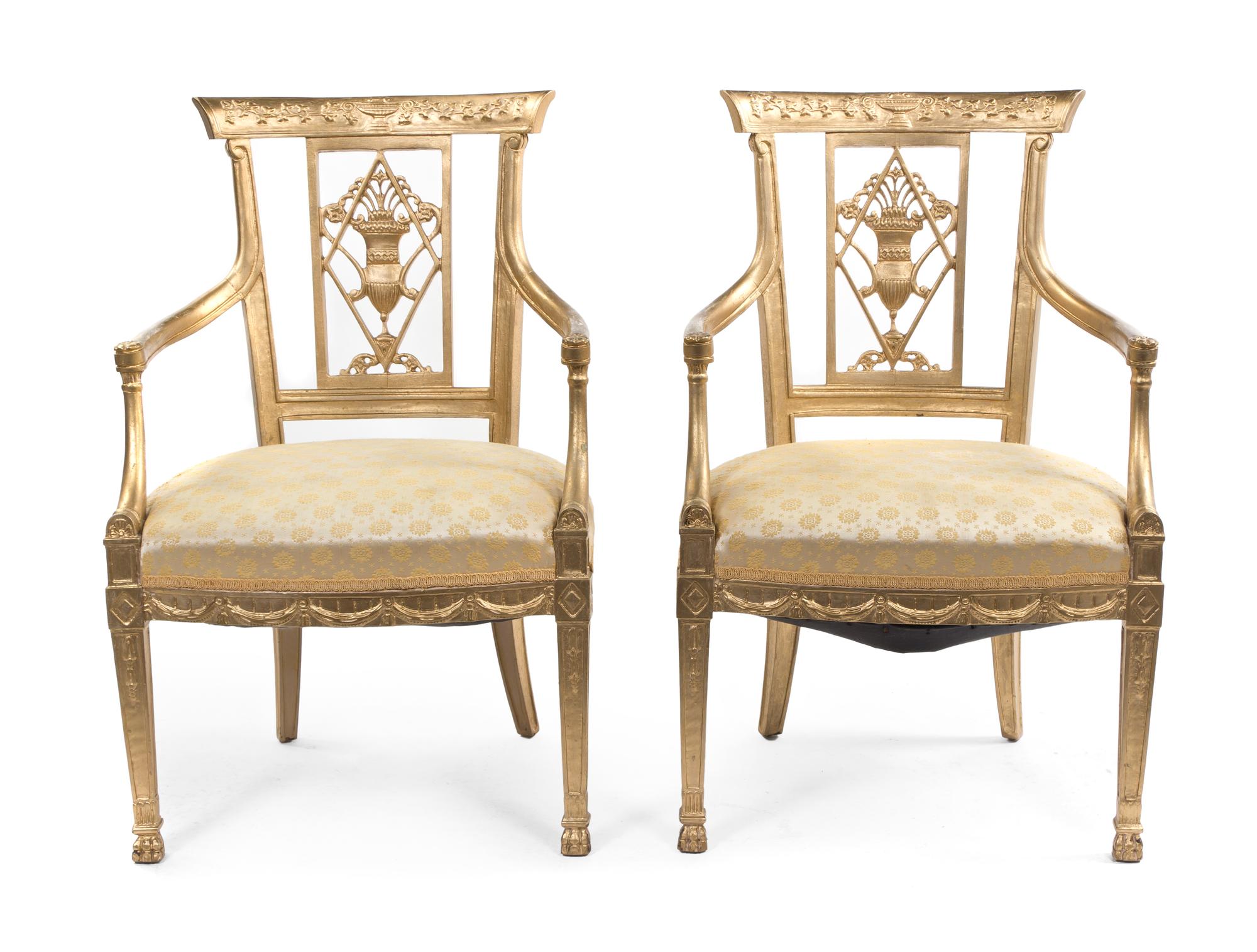 A Pair of Neoclassical Giltwood Armchairs, Height 34 1/2 inches.