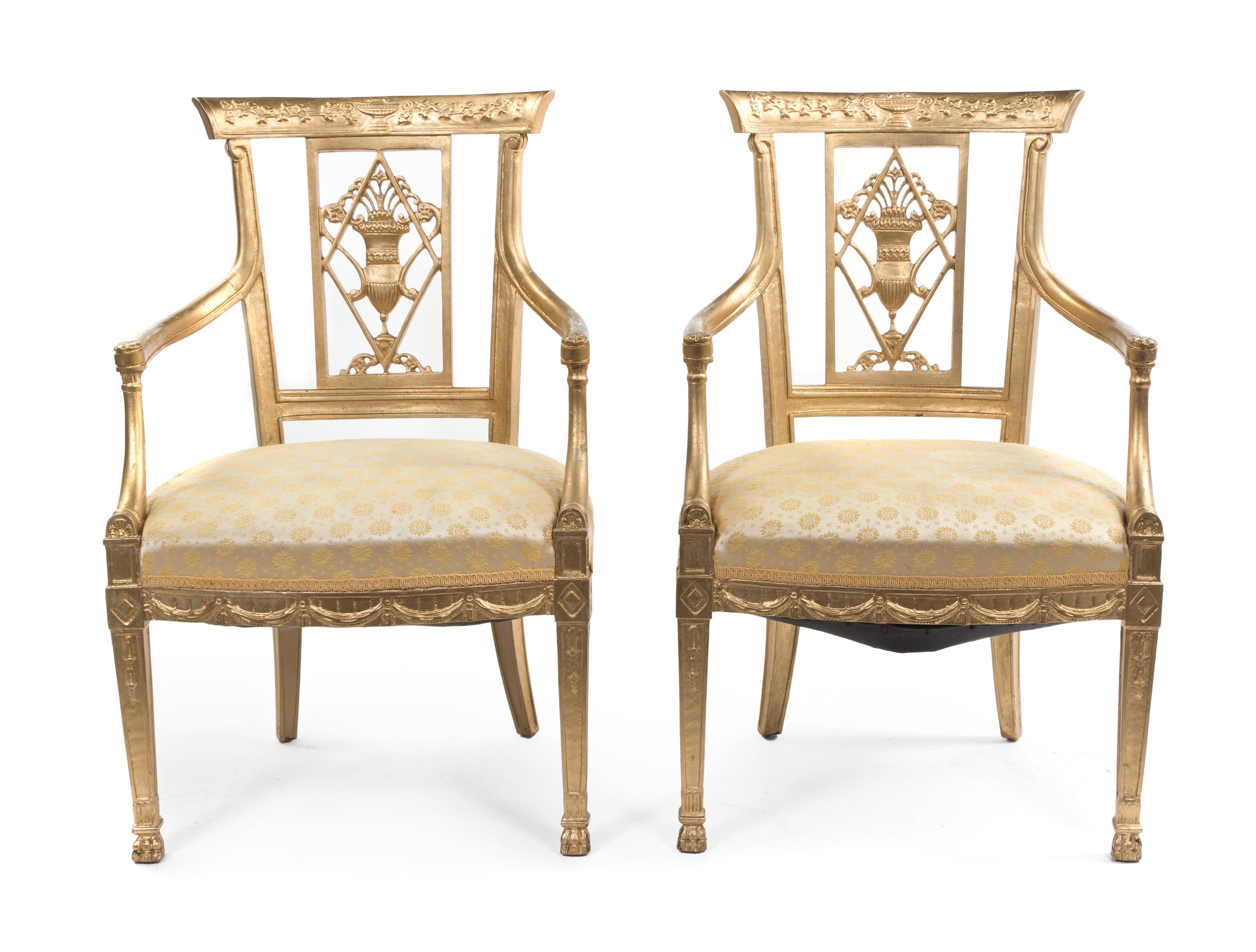 A Pair of Neoclassical Giltwood Armchairs, Height 34 1/2 inches.