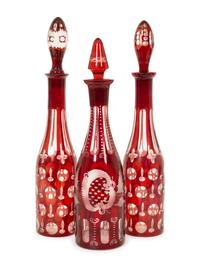 Three Bohemian Ruby-Cut-to-Clear Glass Decanters
