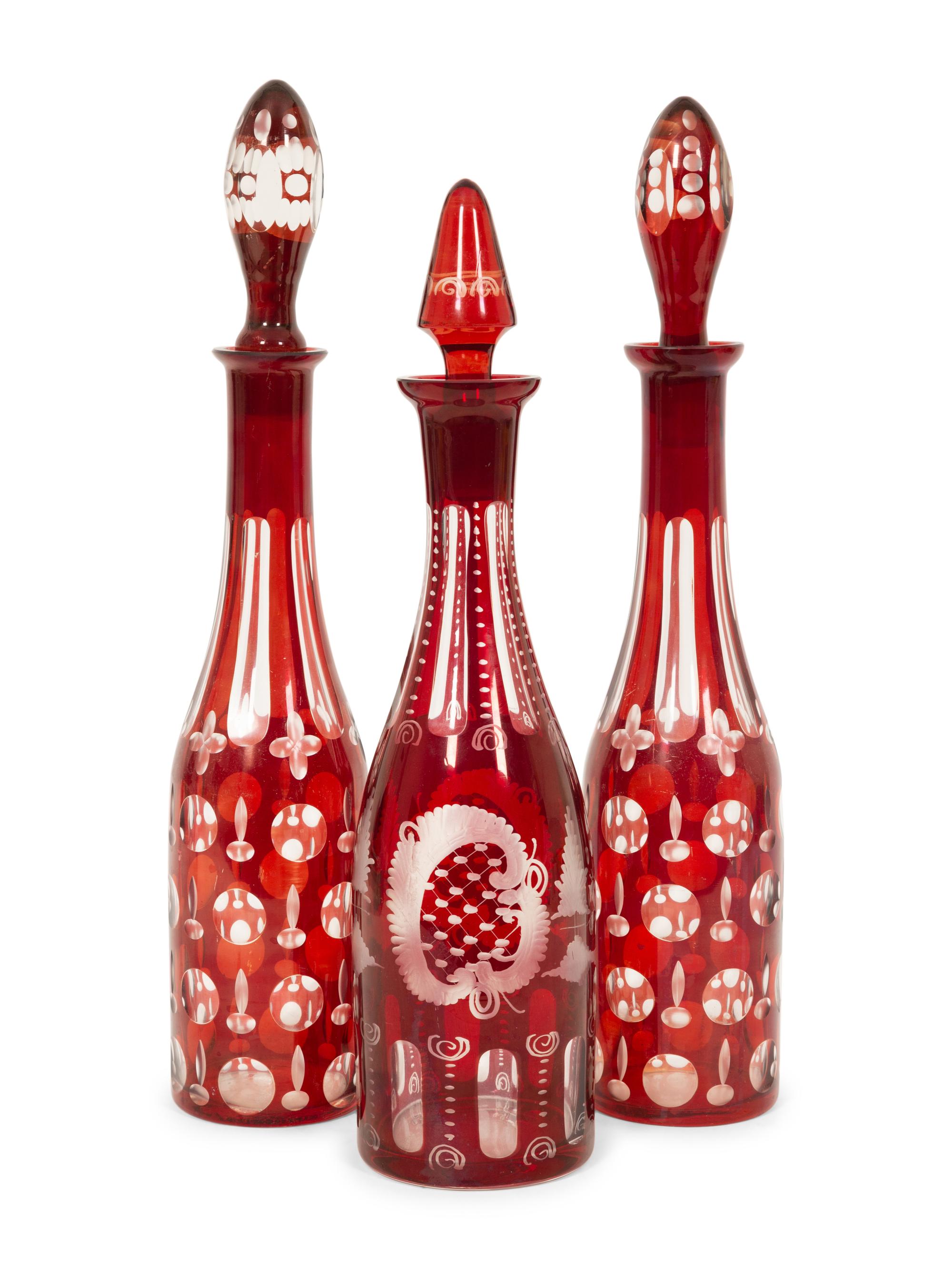 Three Bohemian Ruby-Cut-to-Clear Glass Decanters
