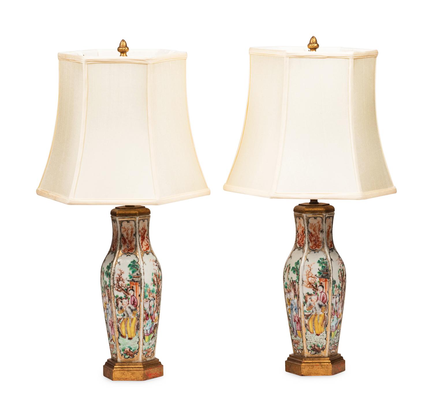 A Pair of Chinese Export Porcelain Hexagonal Table Lamps