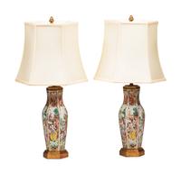 A Pair of Chinese Export Porcelain Hexagonal Table Lamps