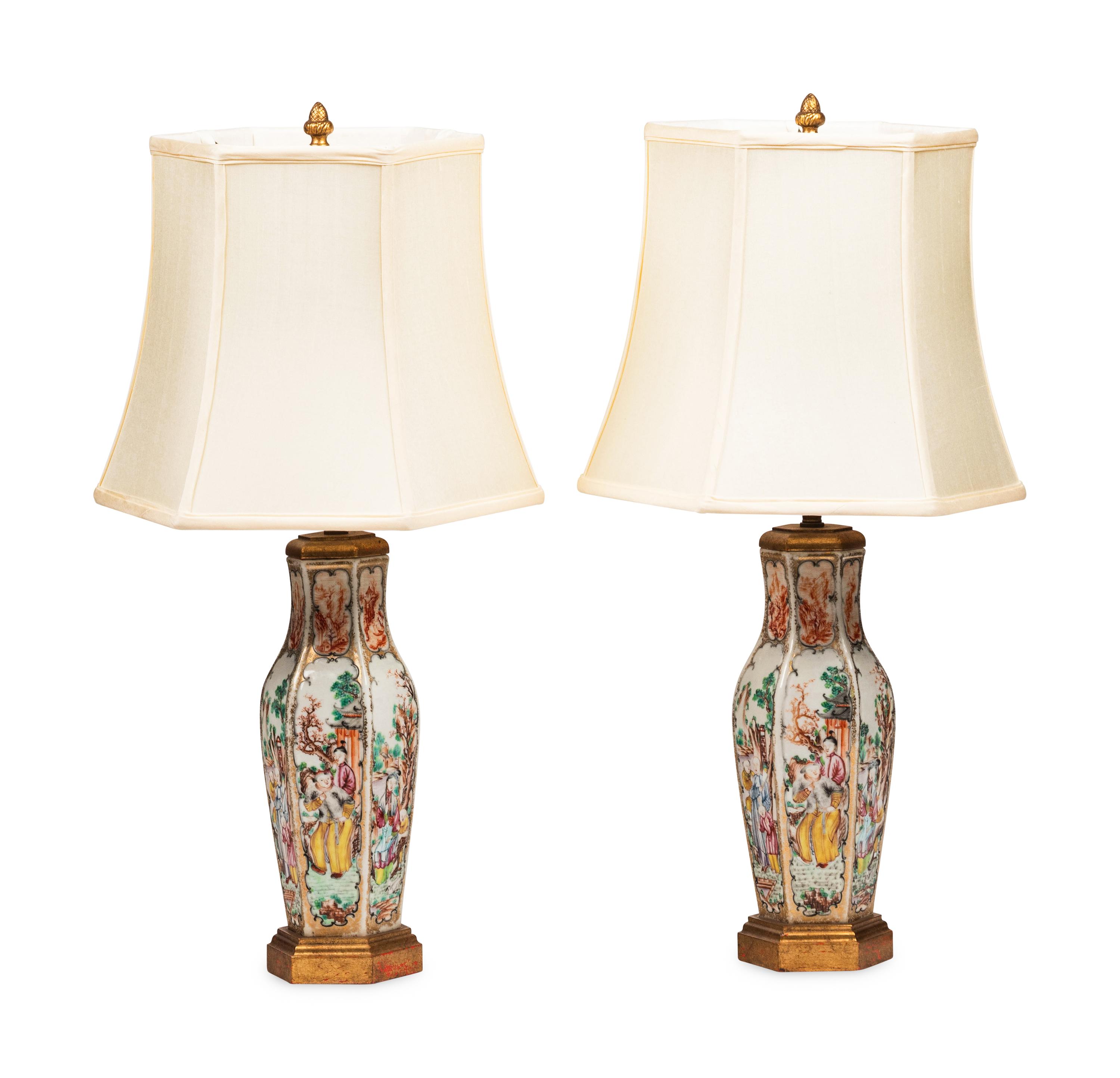 A Pair of Chinese Export Porcelain Hexagonal Table Lamps
