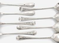 A group of eight Federal silver coffin-end tablespoons, Thomas Baker Burger (active 1805-1806), New York, NY, and maker "HG," circa 1805