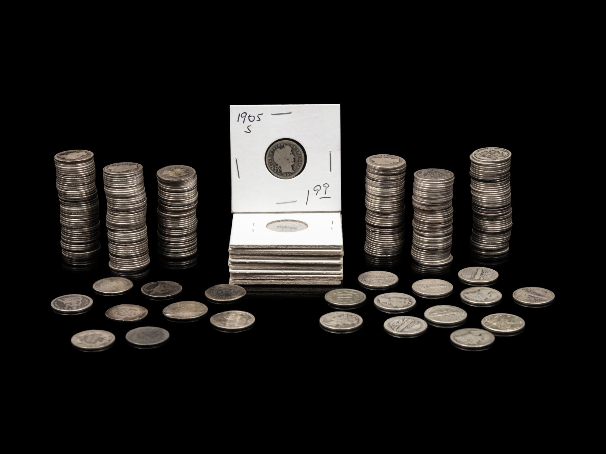 A Large Collection of Seated Liberty Barber and Mercury 10c Coins