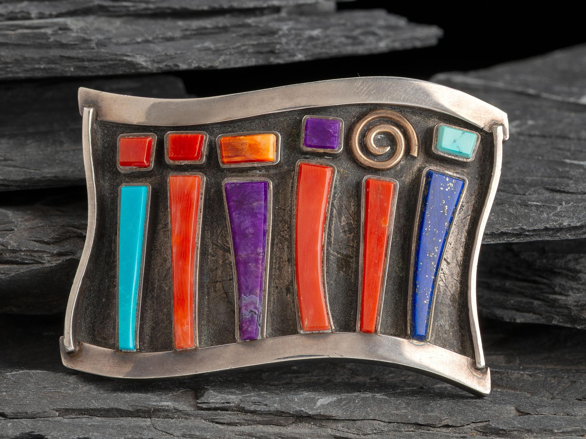 Sterling Silver Belt with 14K Gold Accents and Set with Spiny Oyster, Coral, Turquoise, and Lapis