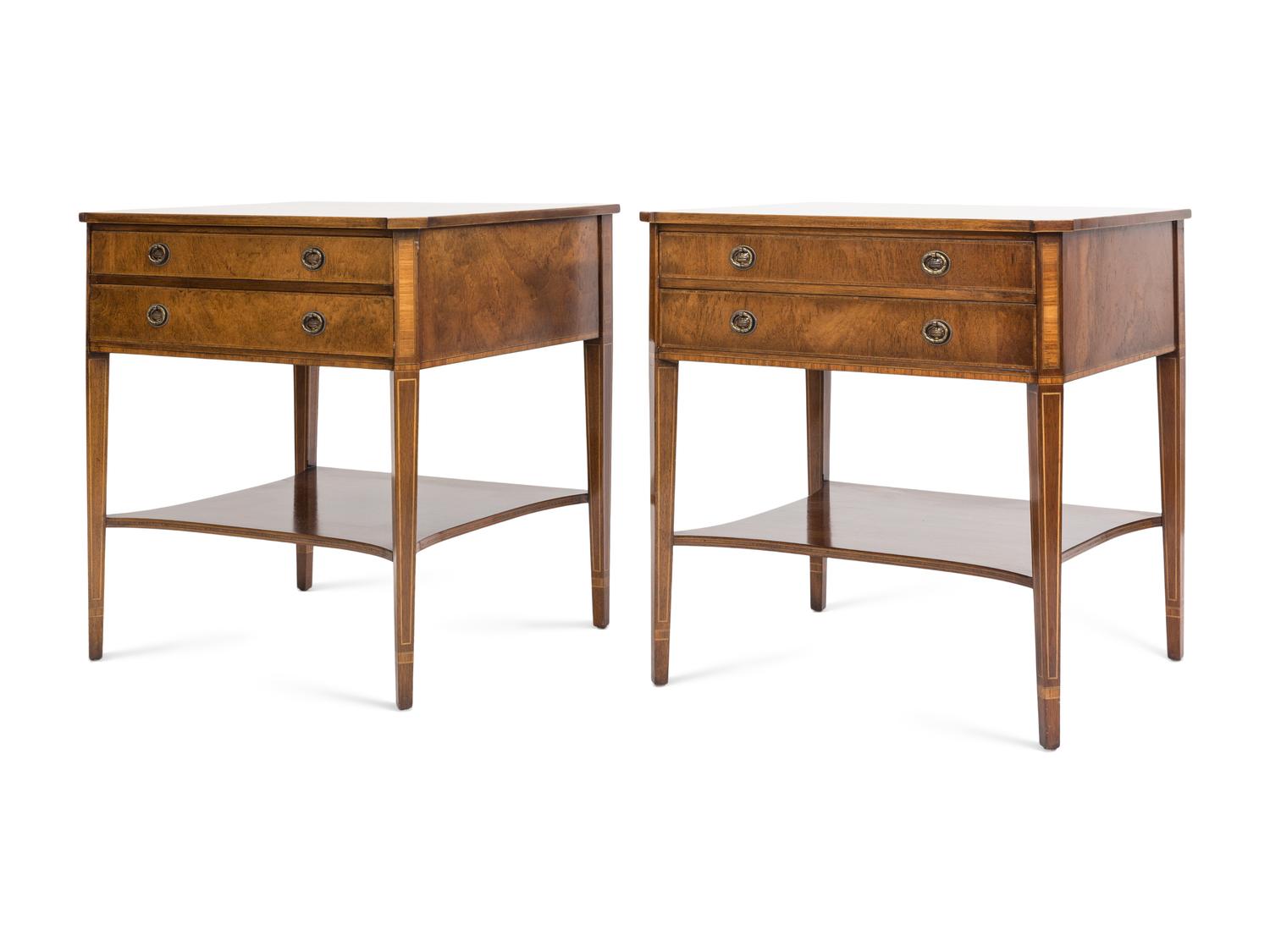 A Pair of Regency Style String Inlaid Mottled Mahogany Two-Drawer Stands