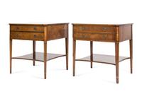 A Pair of Regency Style String Inlaid Mottled Mahogany Two-Drawer Stands
