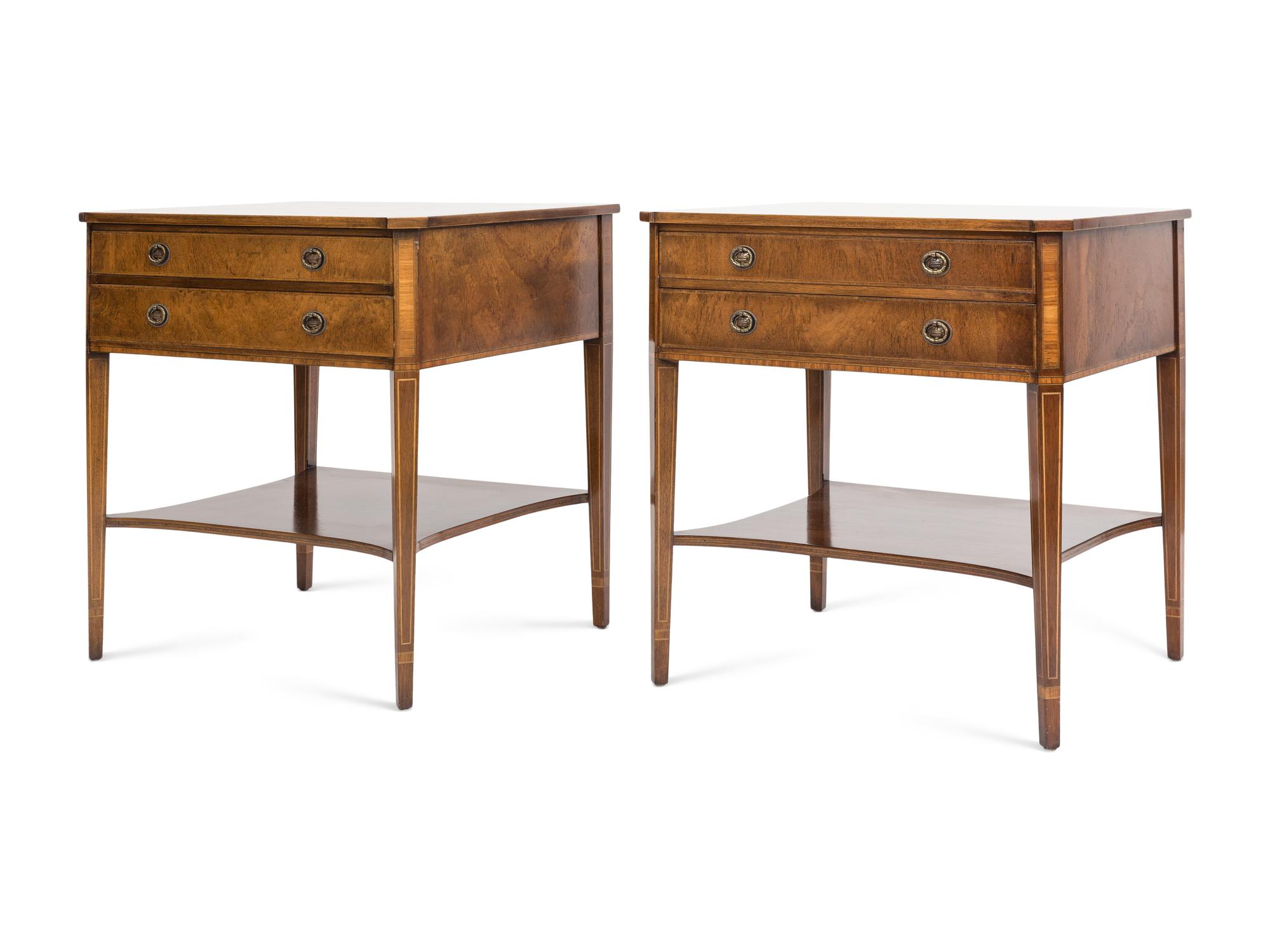 A Pair of Regency Style String Inlaid Mottled Mahogany Two-Drawer Stands