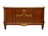A Louis XVI Style Gilt Bronze Mounted Parquetry Marble-Top Commode