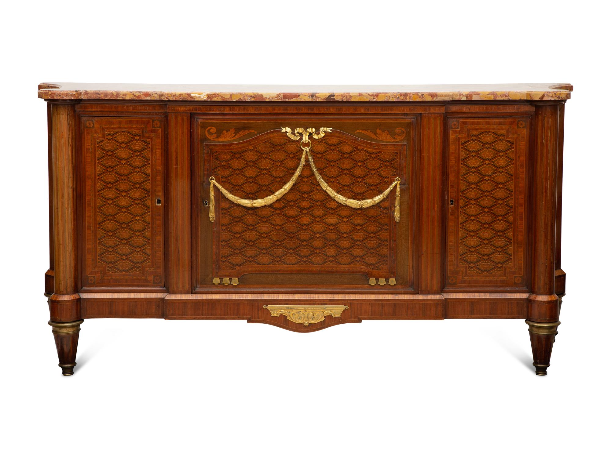 A Louis XVI Style Gilt Bronze Mounted Parquetry Marble-Top Commode