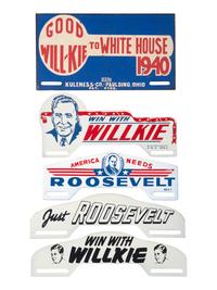[POLITICS]. A group of 5 campaign license plate attachments promoting Franklin Roosevelt and Wendell Willkie.