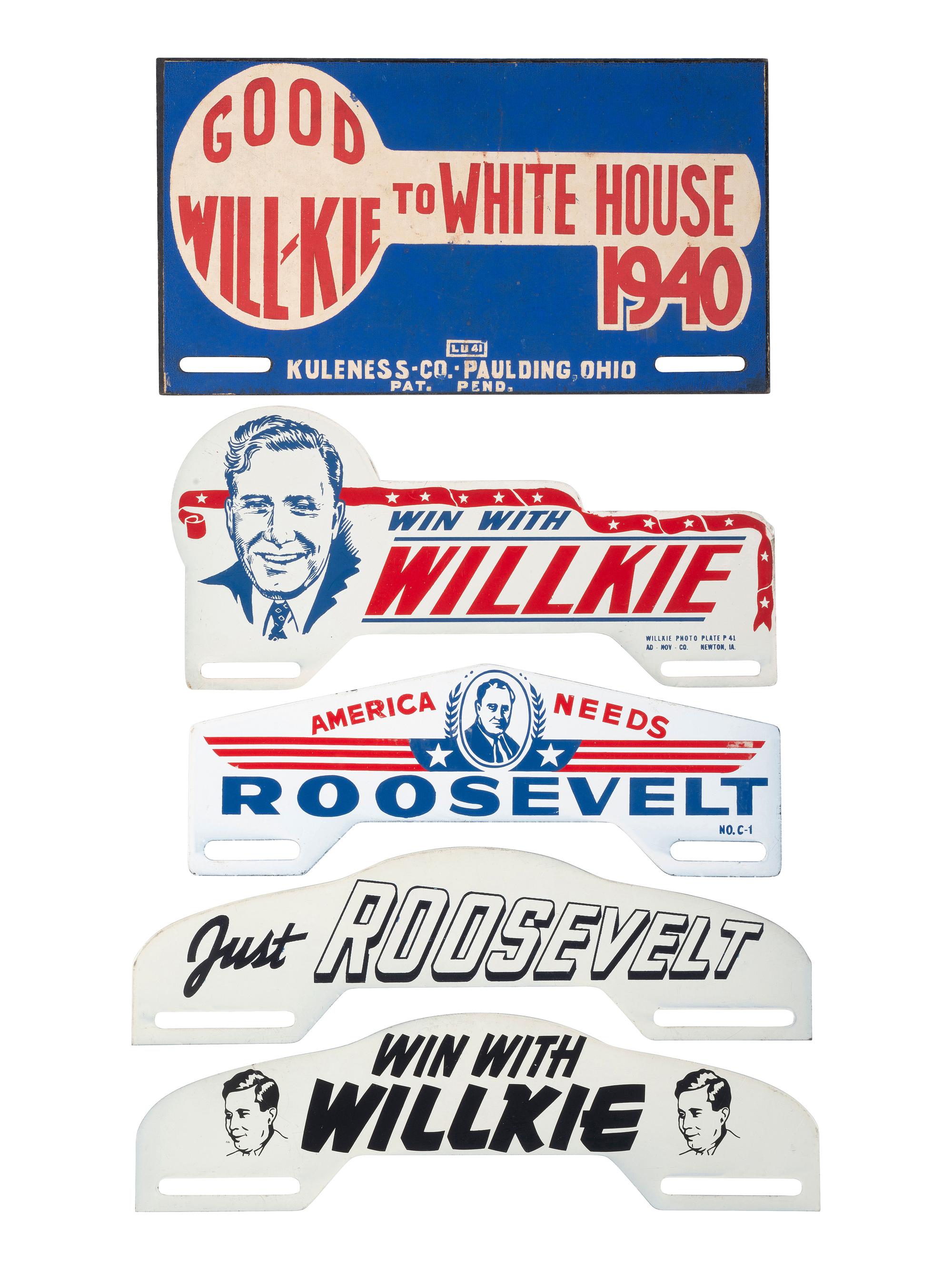 [POLITICS]. A group of 5 campaign license plate attachments promoting Franklin Roosevelt and Wendell Willkie.