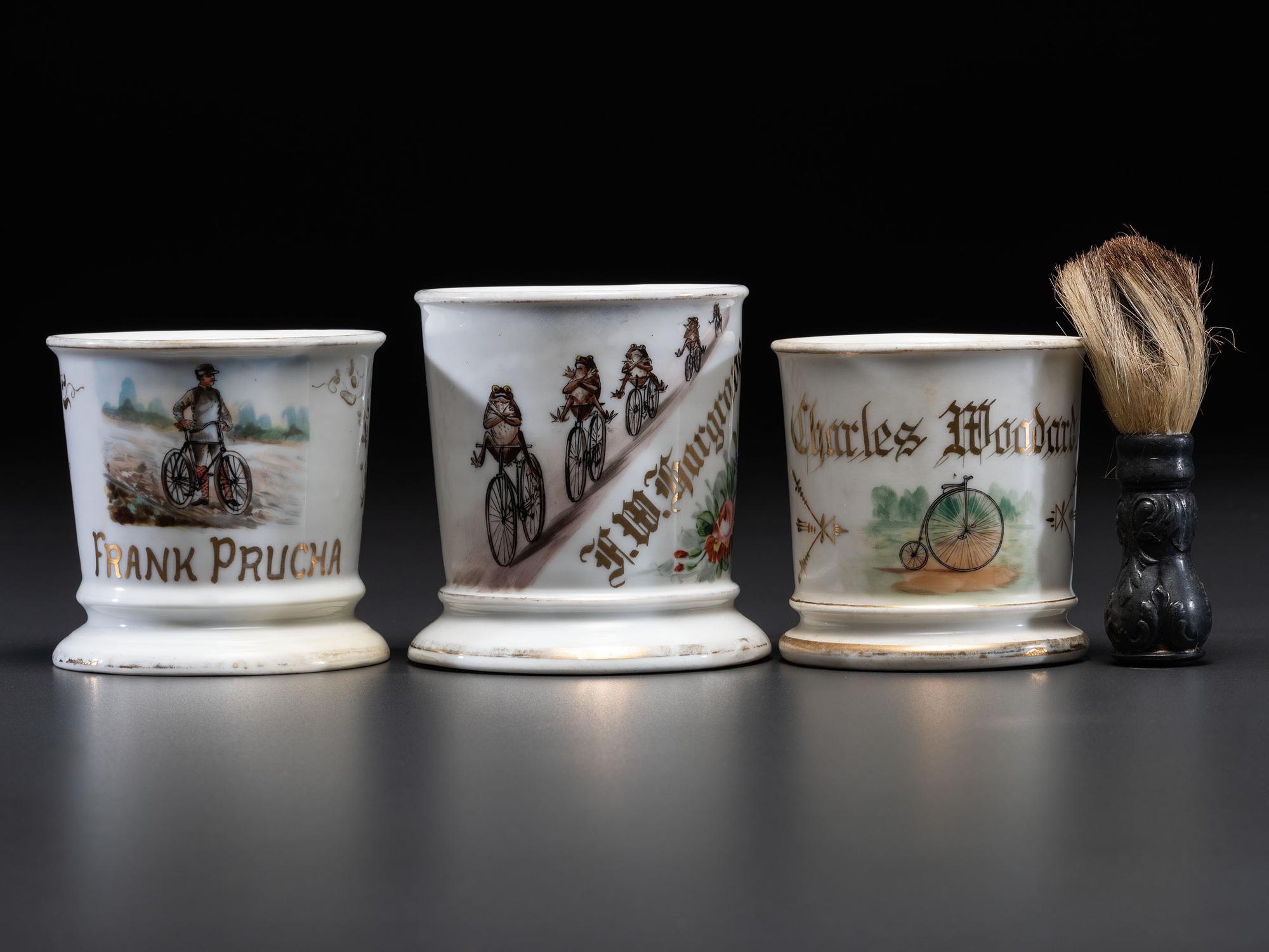 Three Cyclist's Porcelain Shaving Mugs