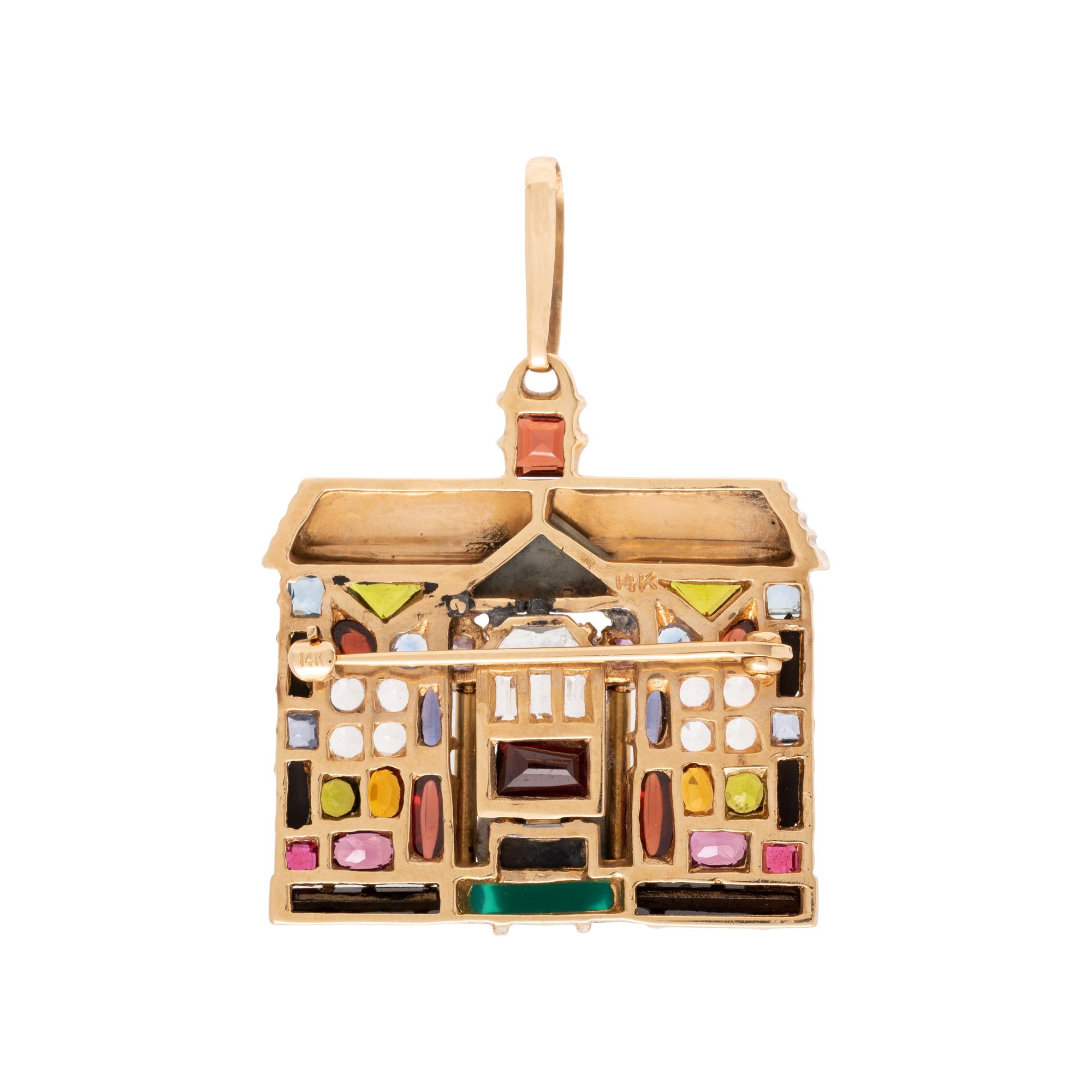 YELLOW GOLD AND MULTIGEM HOUSE PENDANT/BROOCH