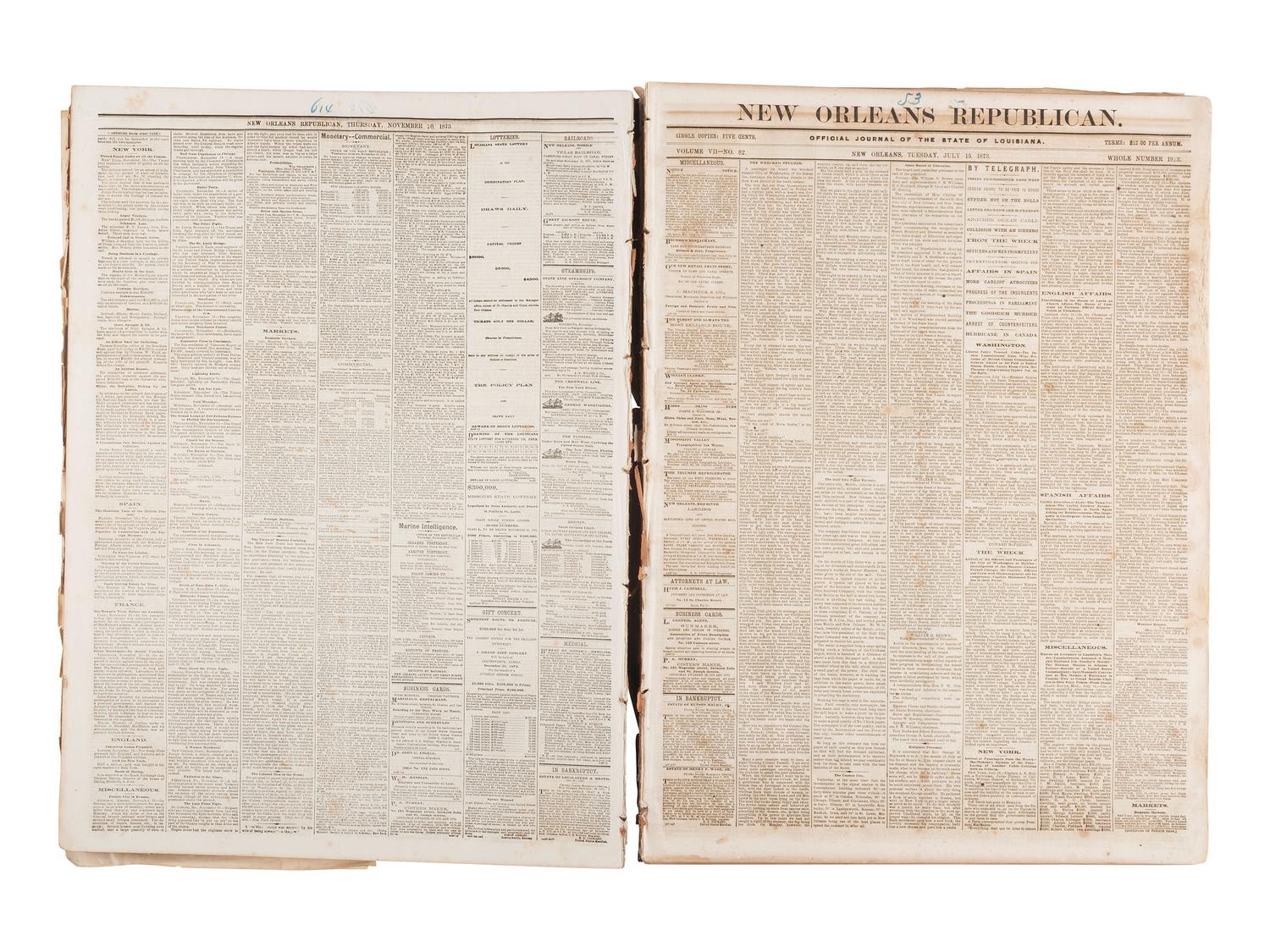 [NEW ORLEANS]. Extensive collection of 200+ New Orleans newspapers dating from the 19th century.