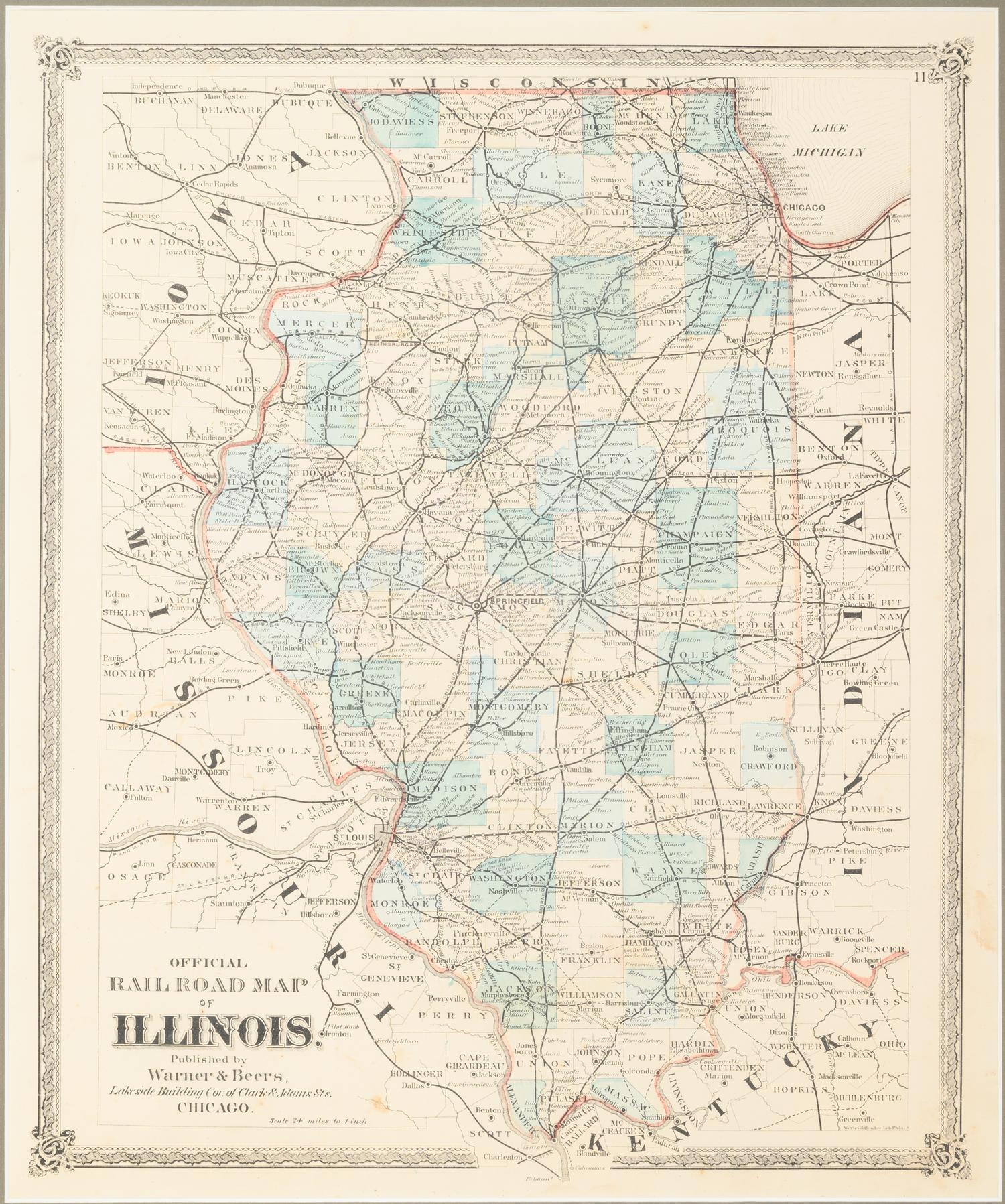 Official Road Map of Illinois. Chicago: Warner & Beers, N.d. Plate 11. 25 ¾ x 23 ¾ in. Matted and framed.