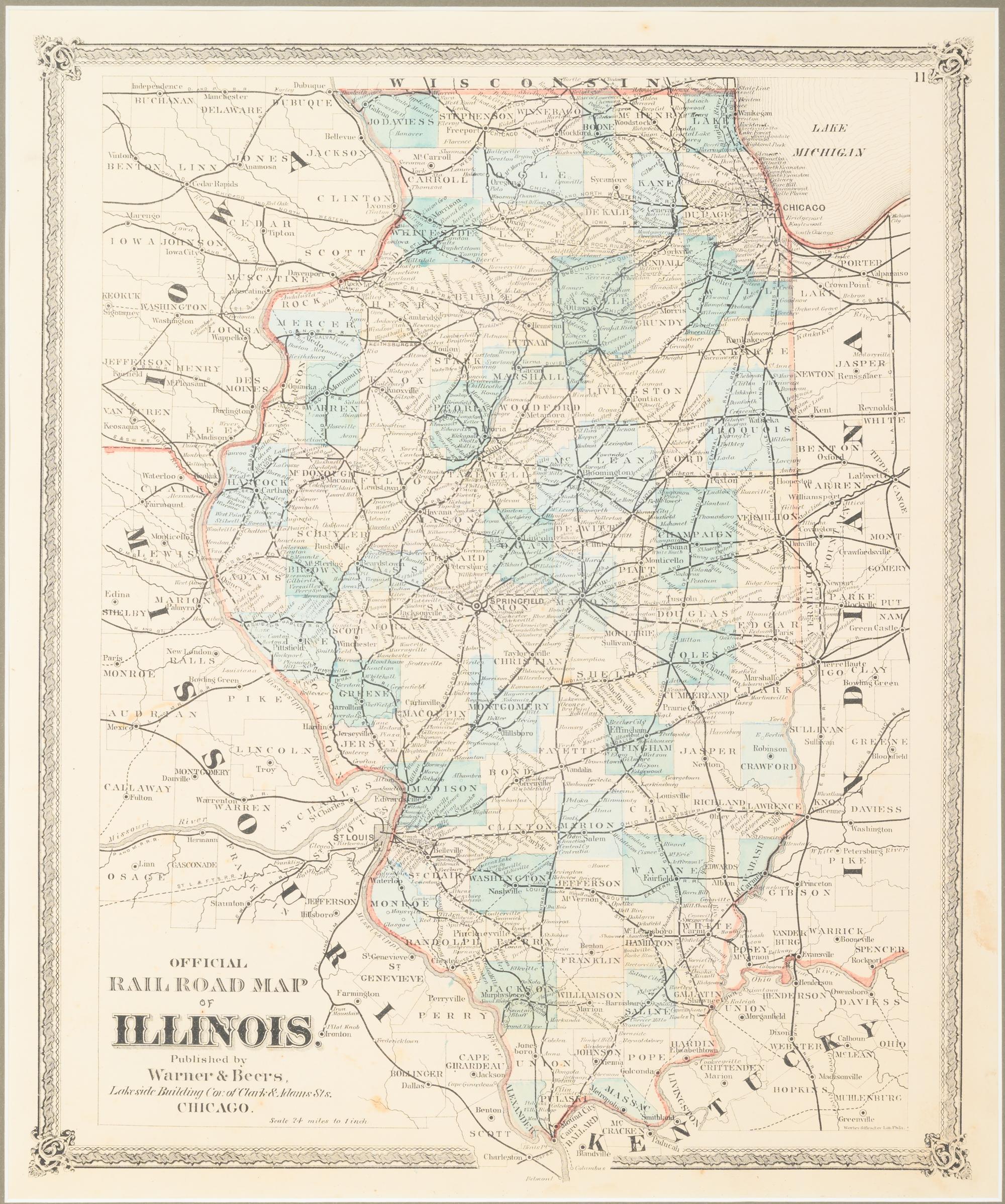 Official Road Map of Illinois. Chicago: Warner & Beers, N.d. Plate 11. 25 ¾ x 23 ¾ in. Matted and framed.