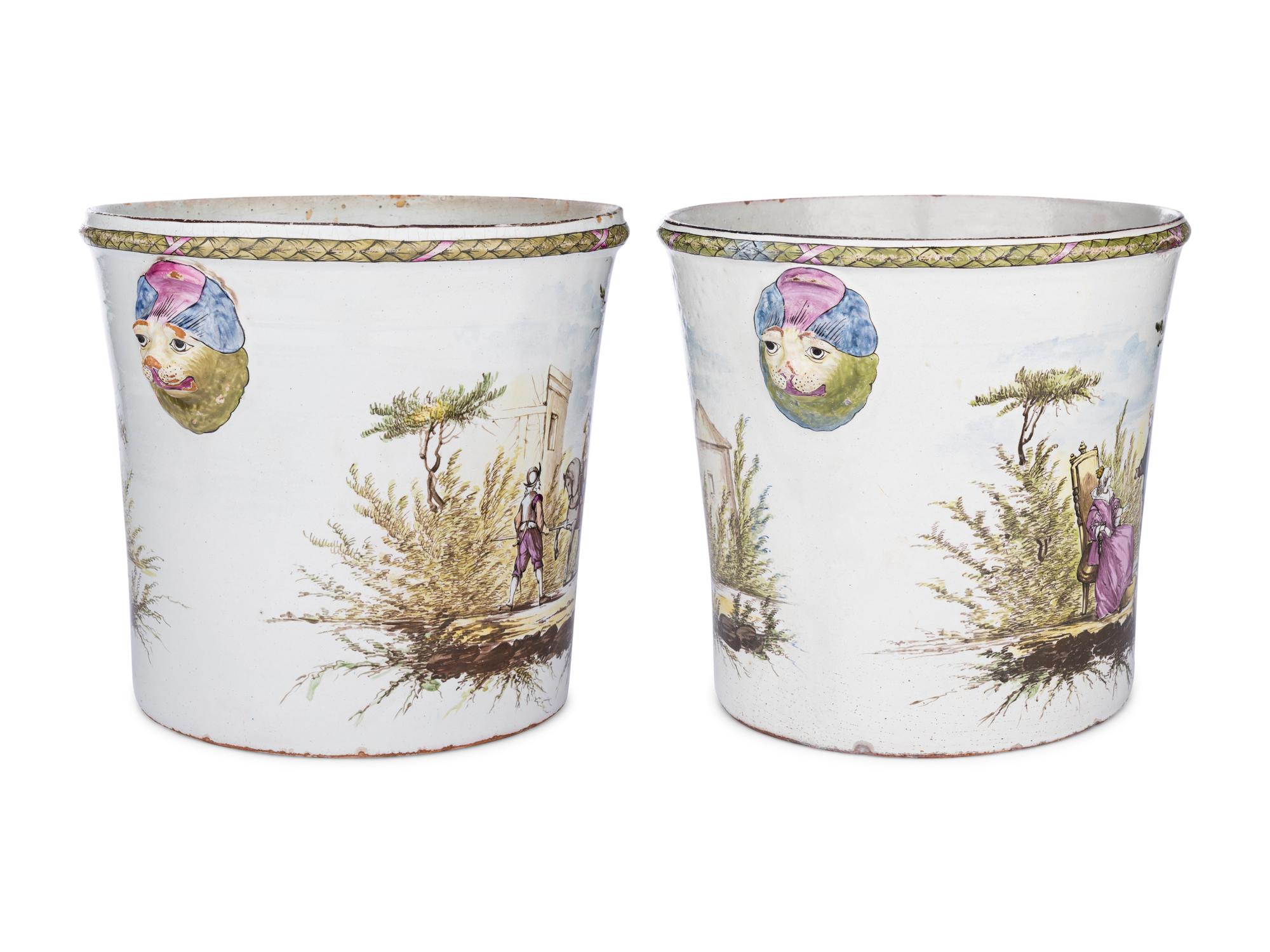 A Pair of French Polychrome Glazed Faience Jardinières