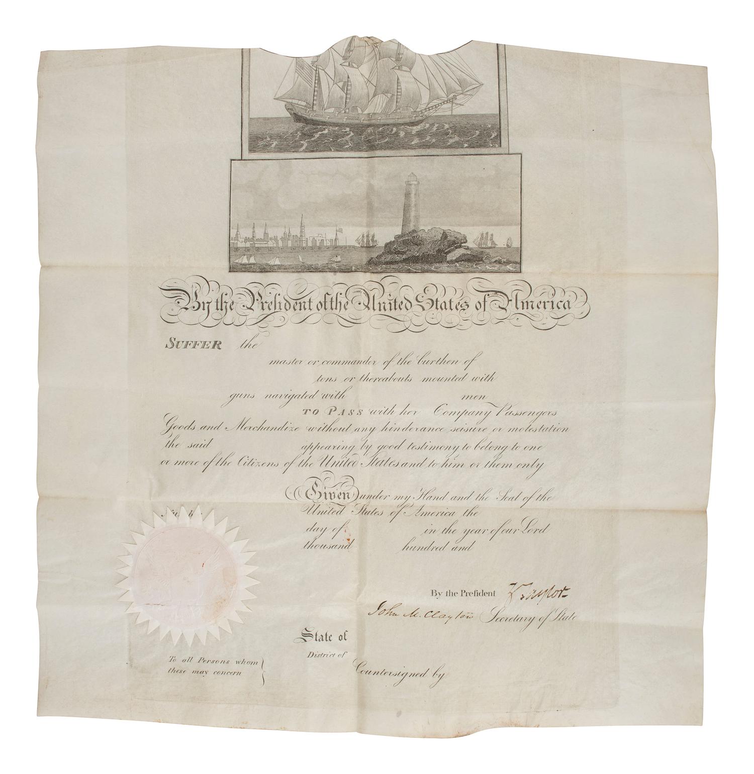 TAYLOR, ZACHARY (1784-1850). Unissued ship's pass document signed ("Z Taylor") as President. N.p., n.d.