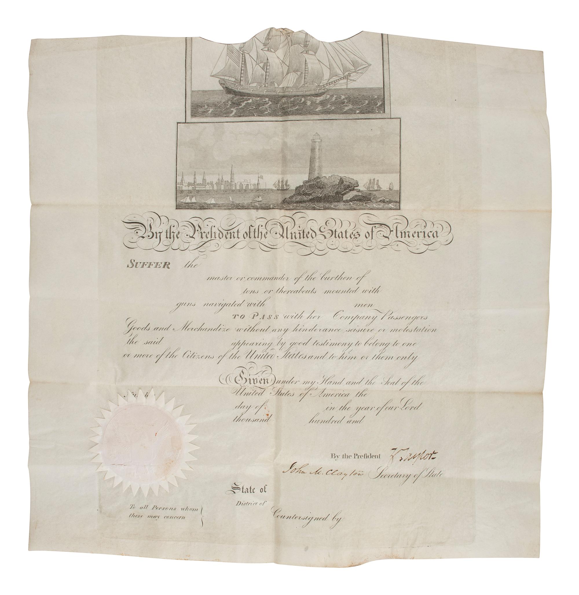 TAYLOR, ZACHARY (1784-1850). Unissued ship's pass document signed ("Z Taylor") as President. N.p., n.d.