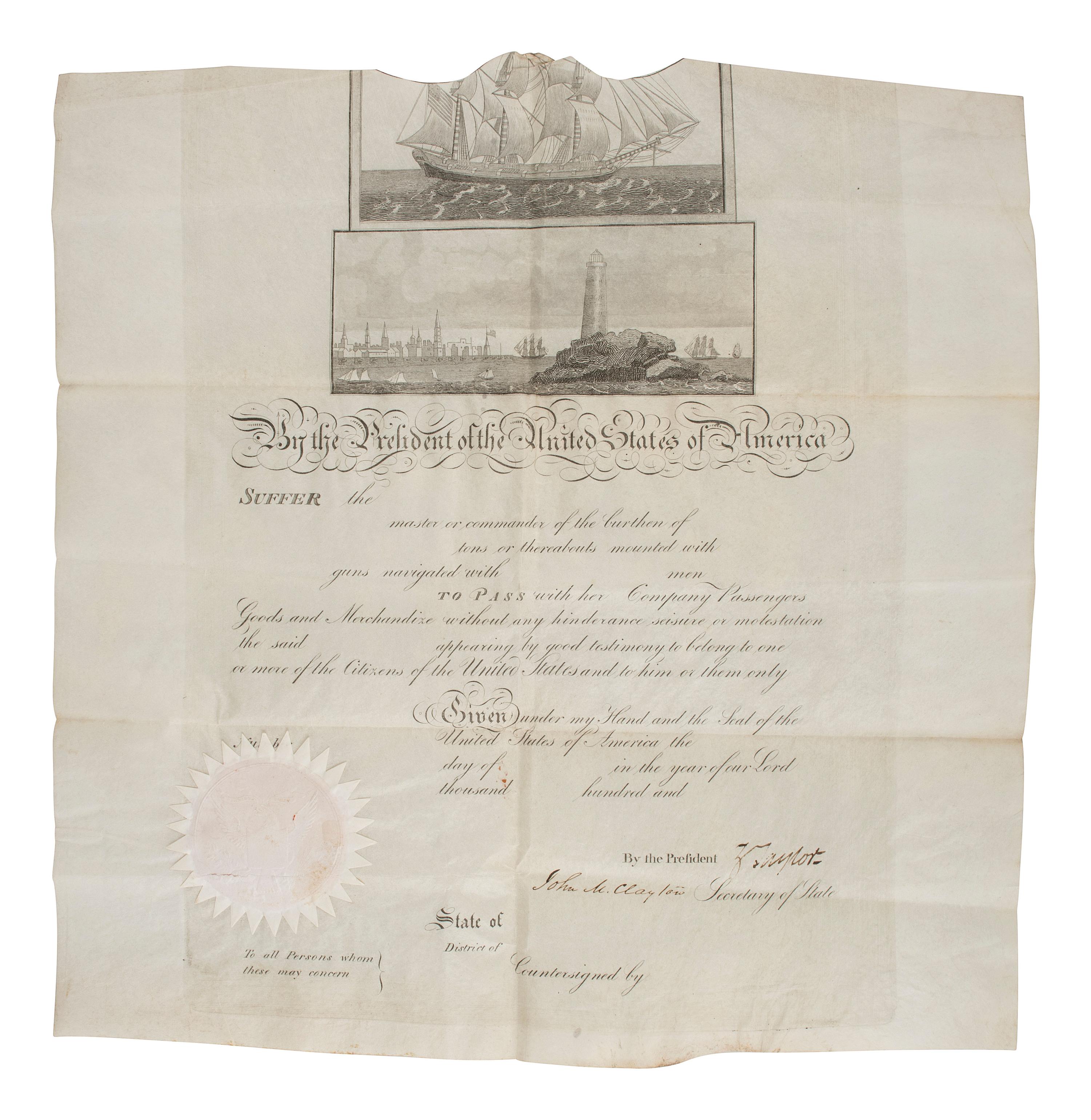 TAYLOR, ZACHARY (1784-1850). Unissued ship's pass document signed ("Z Taylor") as President. N.p., n.d.