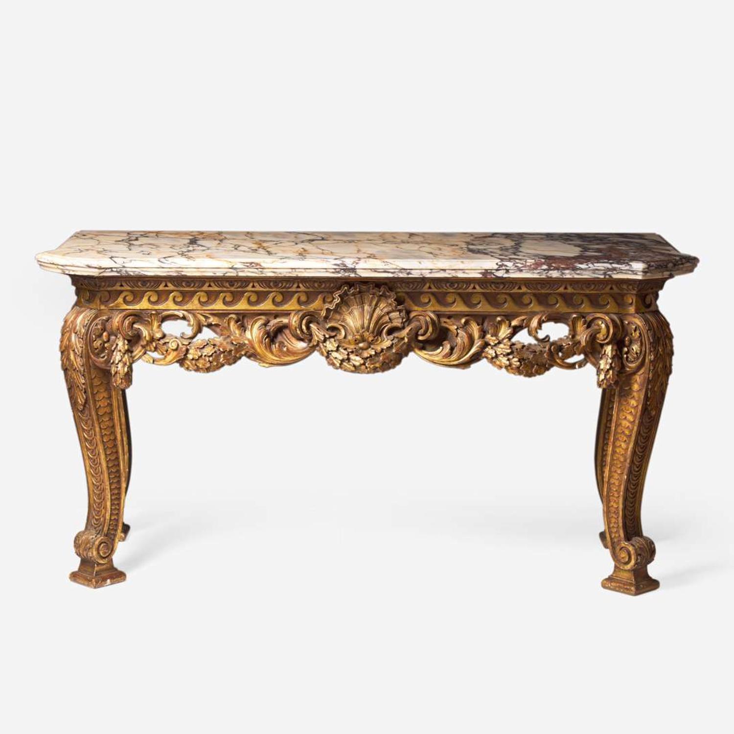 A George I style giltwood side table with breccia marble top In the style of William Kent (English, 1685-1748), 19th century