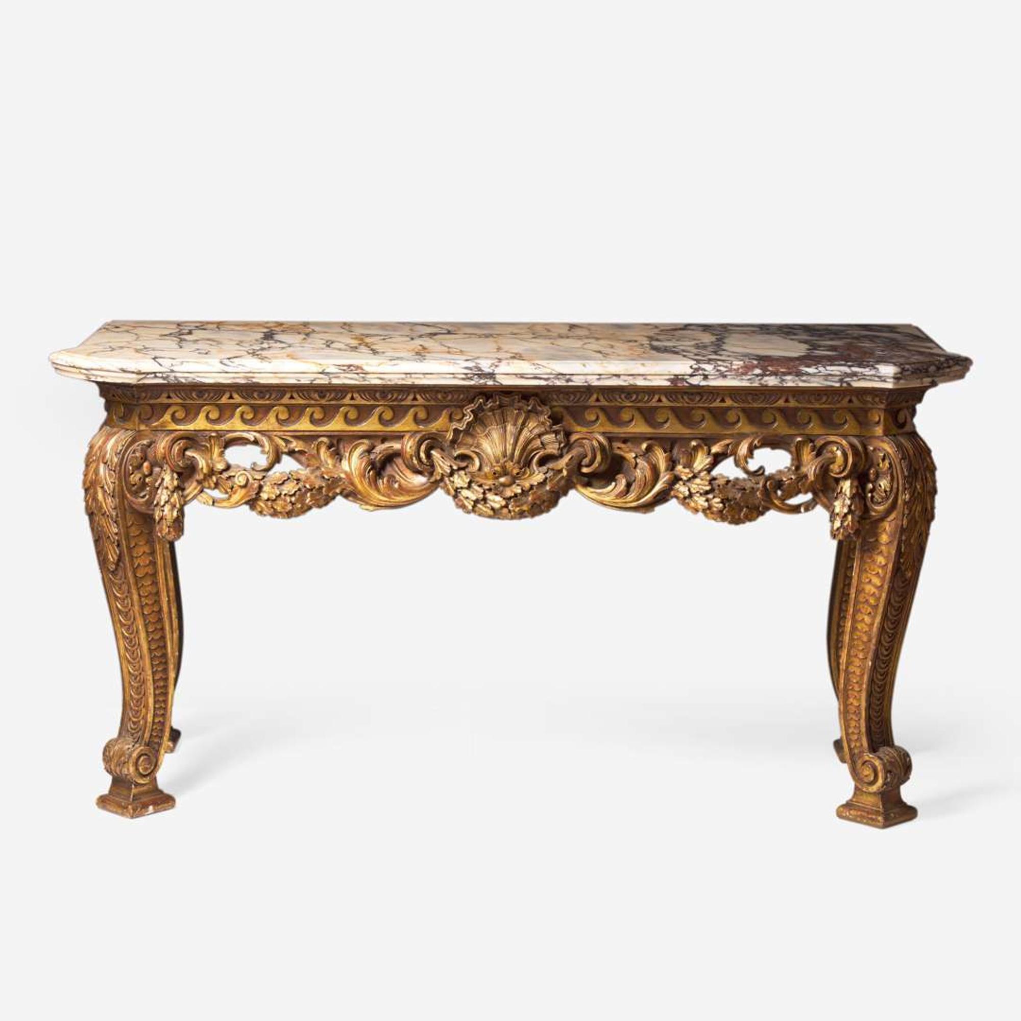 A George I style giltwood side table with breccia marble top In the style of William Kent (English, 1685-1748), 19th century
