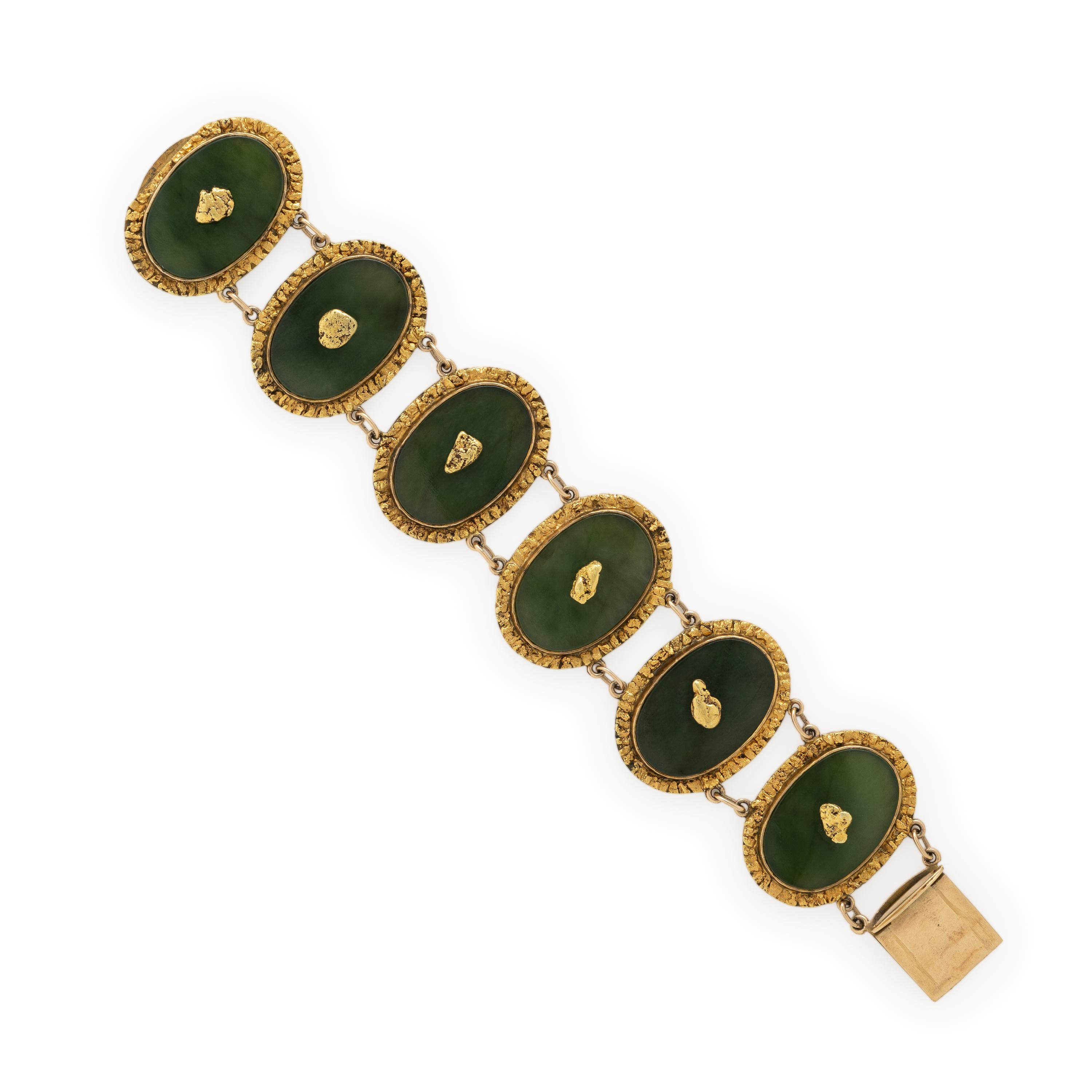 Low-Karat Gold and Nephrite Plaque Bracelet