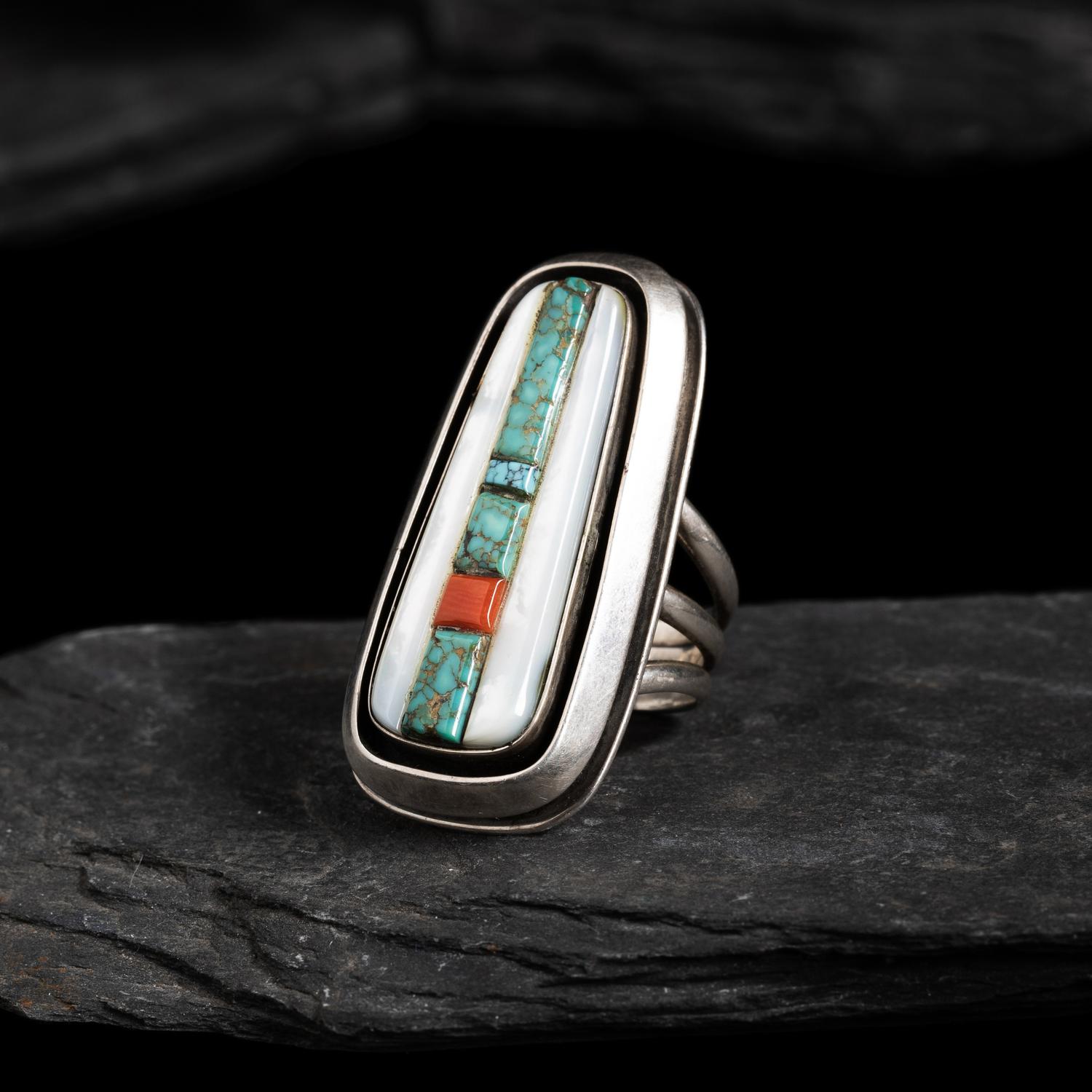 Victor Beck (Diné, 1941-2022) — Silver, Turquoise, and Mother-of-Pearl Ring
