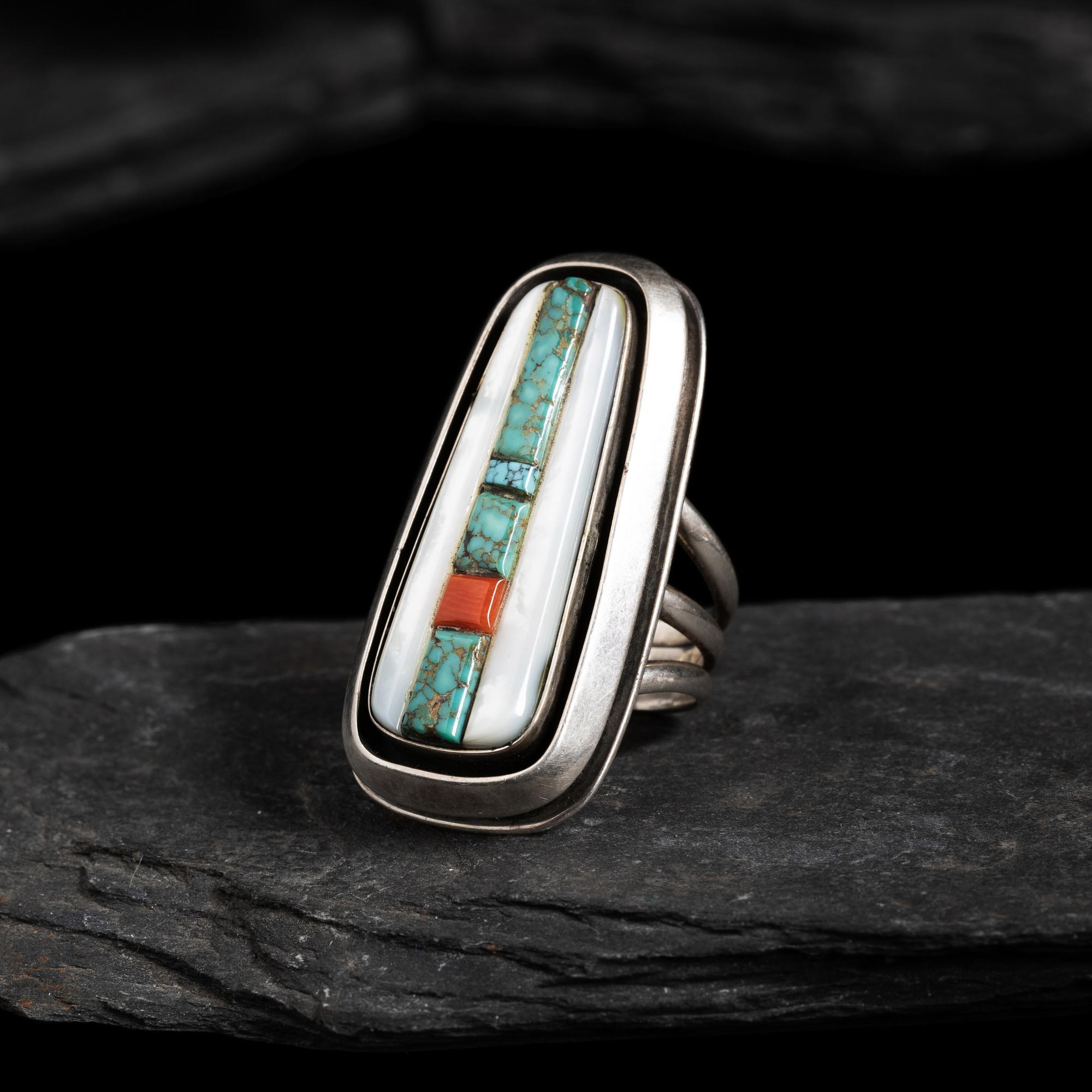 Victor Beck (Diné, 1941-2022) — Silver, Turquoise, and Mother-of-Pearl Ring