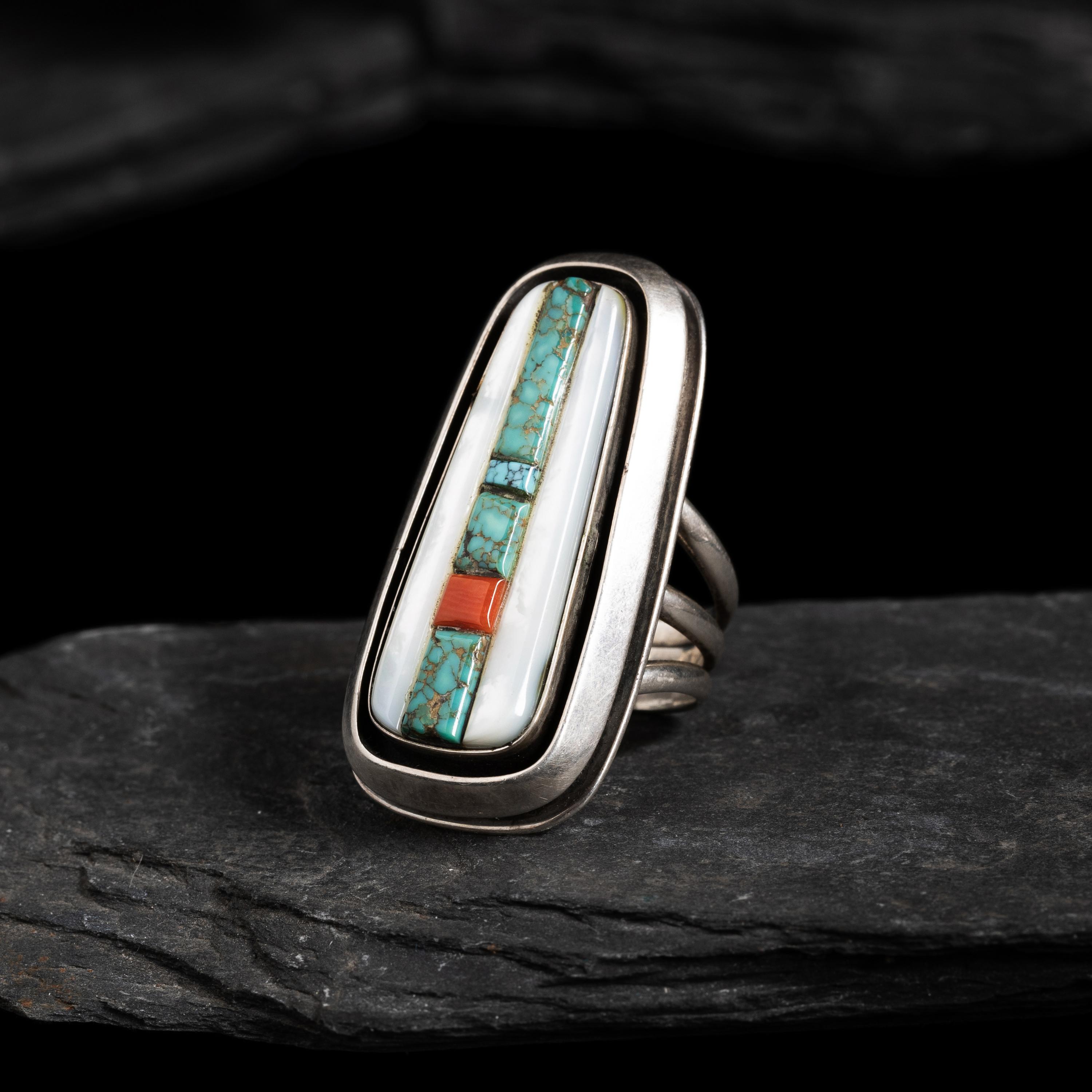 Victor Beck (Diné, 1941-2022) — Silver, Turquoise, and Mother-of-Pearl Ring