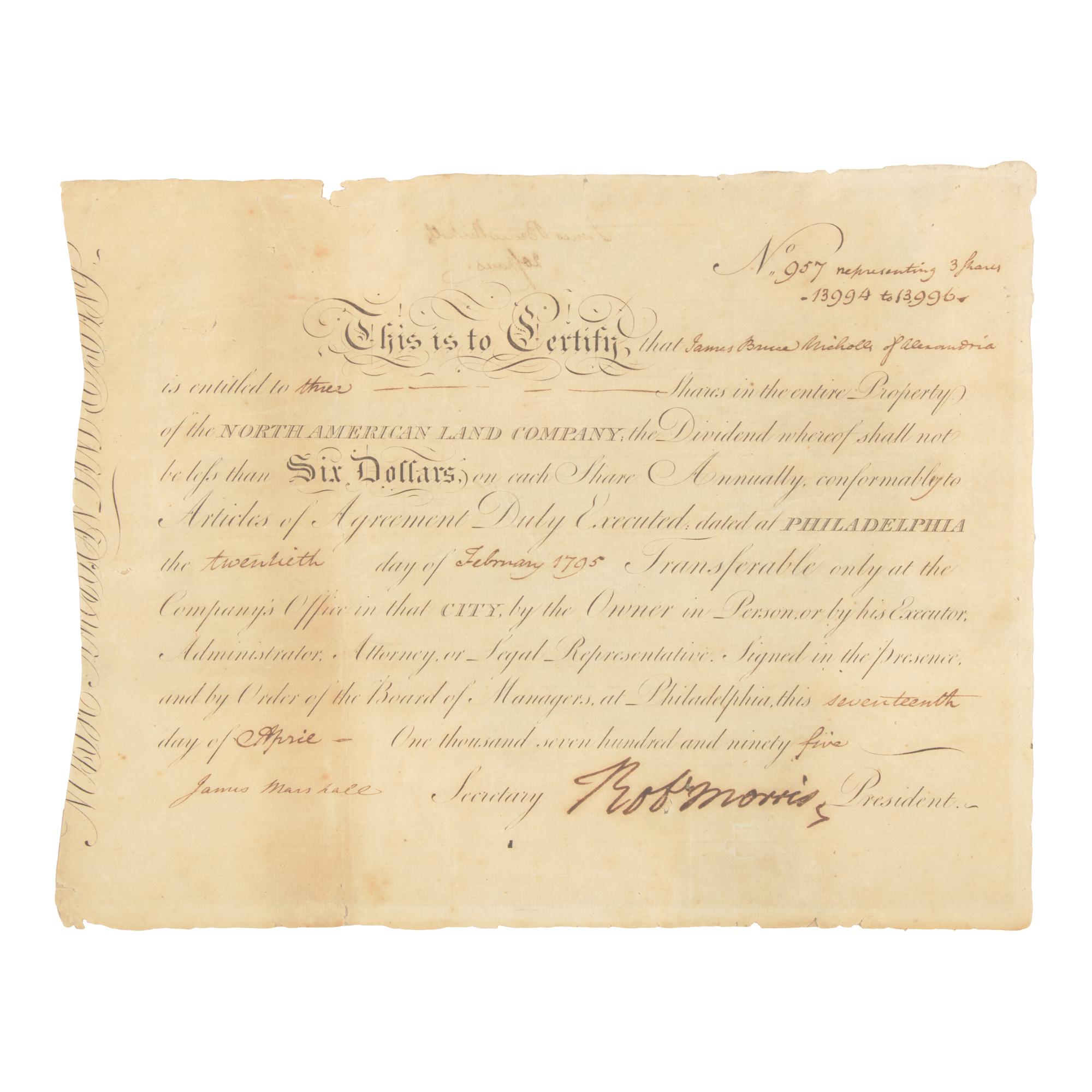 [Declaration of Independence] Morris, Robert. Partially-Printed Document, signed
