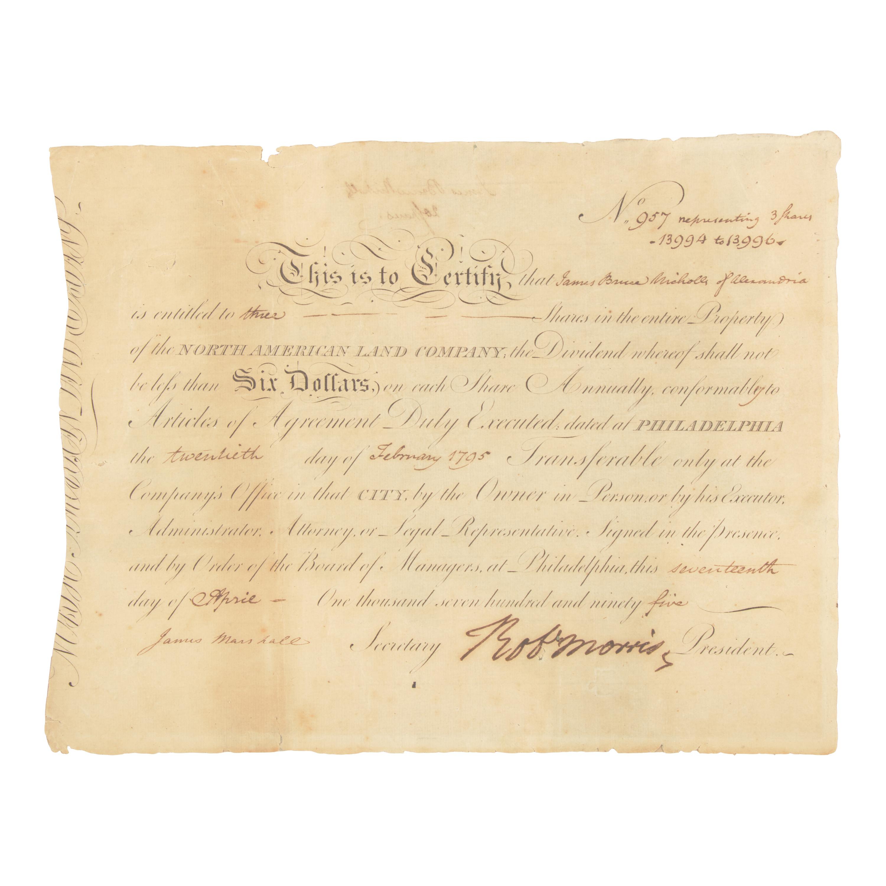 [Declaration of Independence] Morris, Robert. Partially-Printed Document, signed