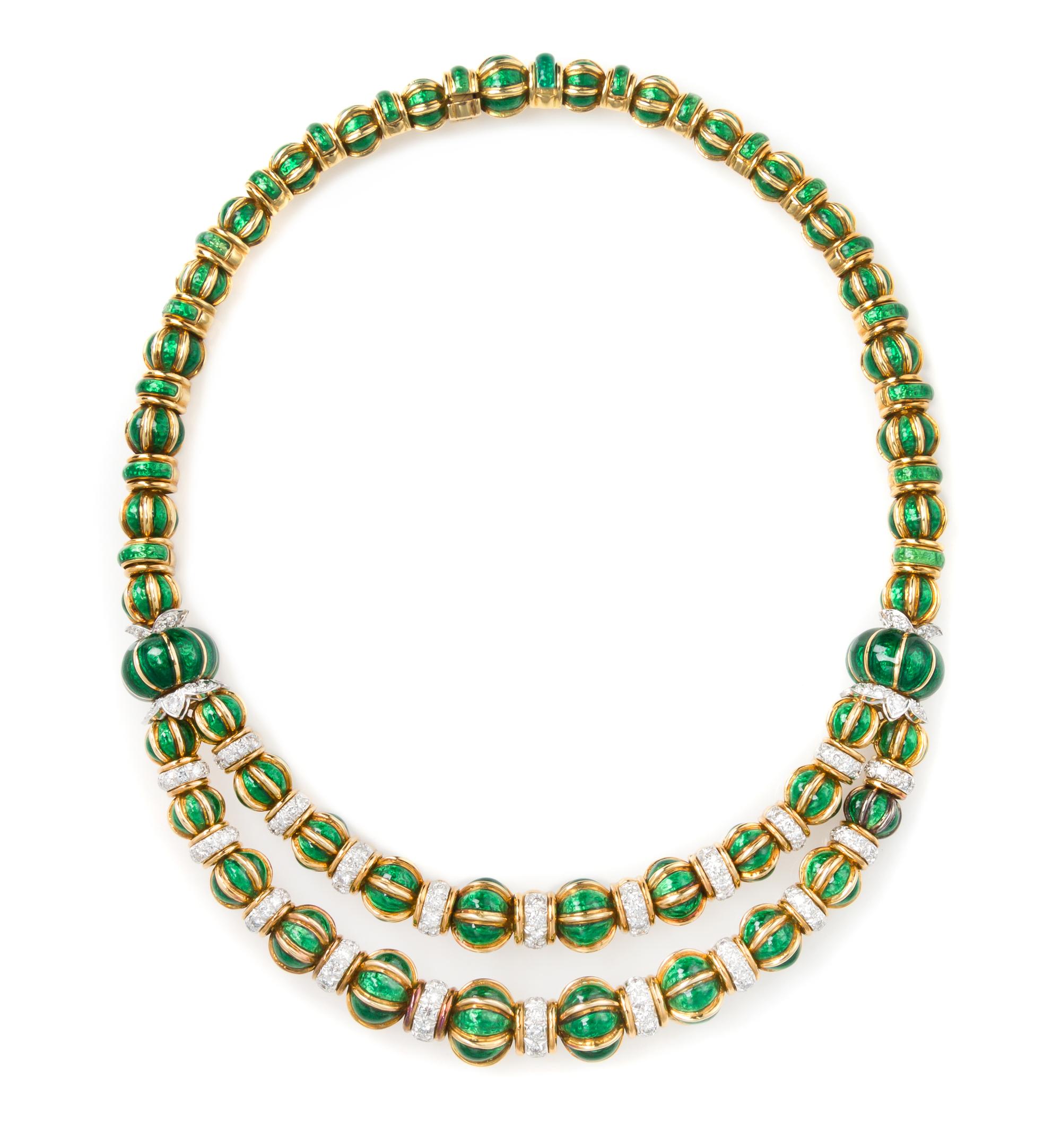 An 18 Karat Yellow Gold, Platinum, Diamond and Enamel Necklace, David Webb, 130.90 dwts.