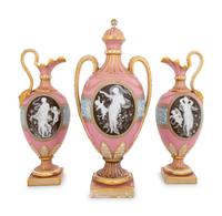 A Minton's Pâte-sur-Pâte Pink-Ground Three-Piece Garniture