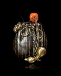 A Silver, Copper and Shakudo Kinchaku Pouch-Form Ojime