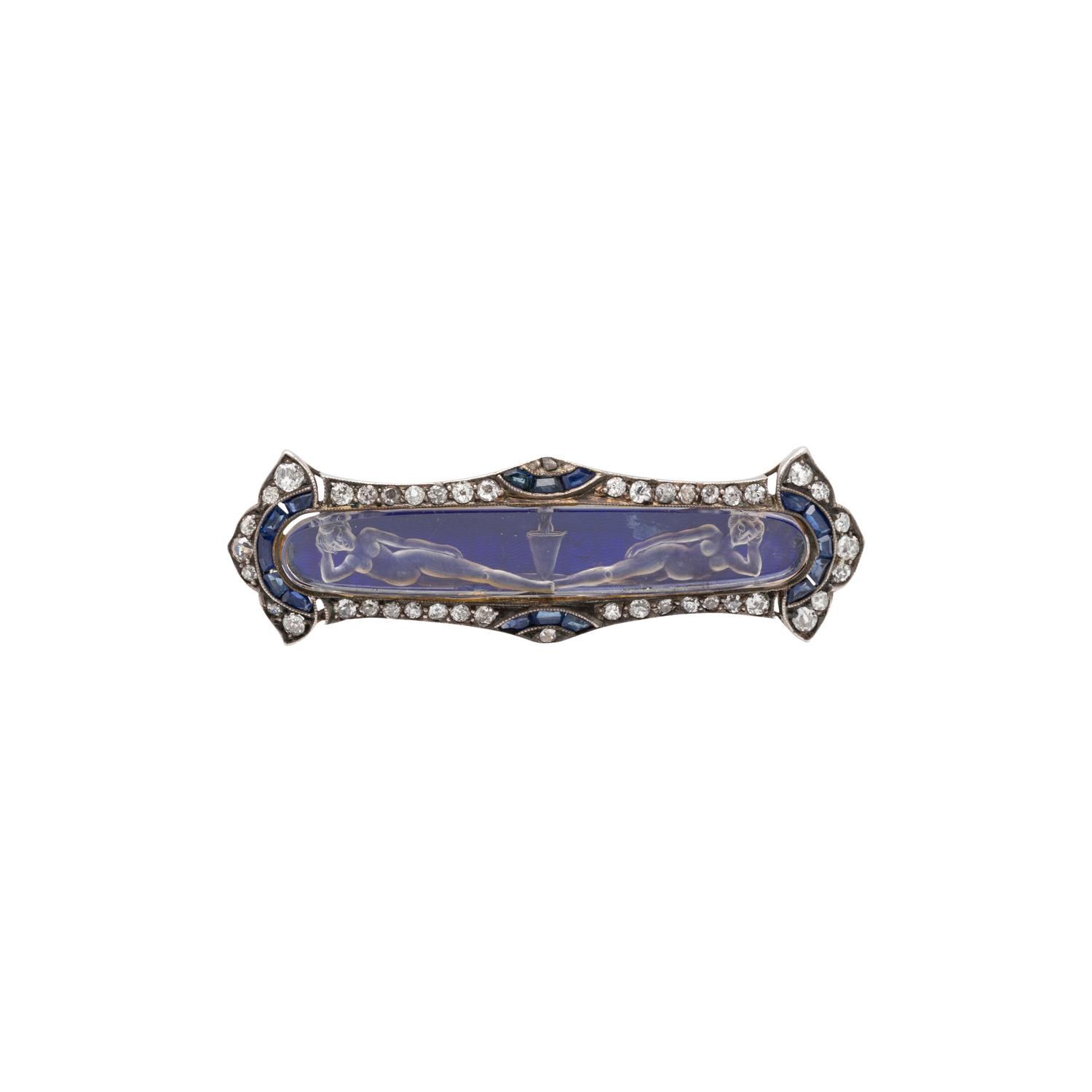 ANTIQUE, ETCHED GLASS, DIAMOND AND SAPPHIRE BROOCH