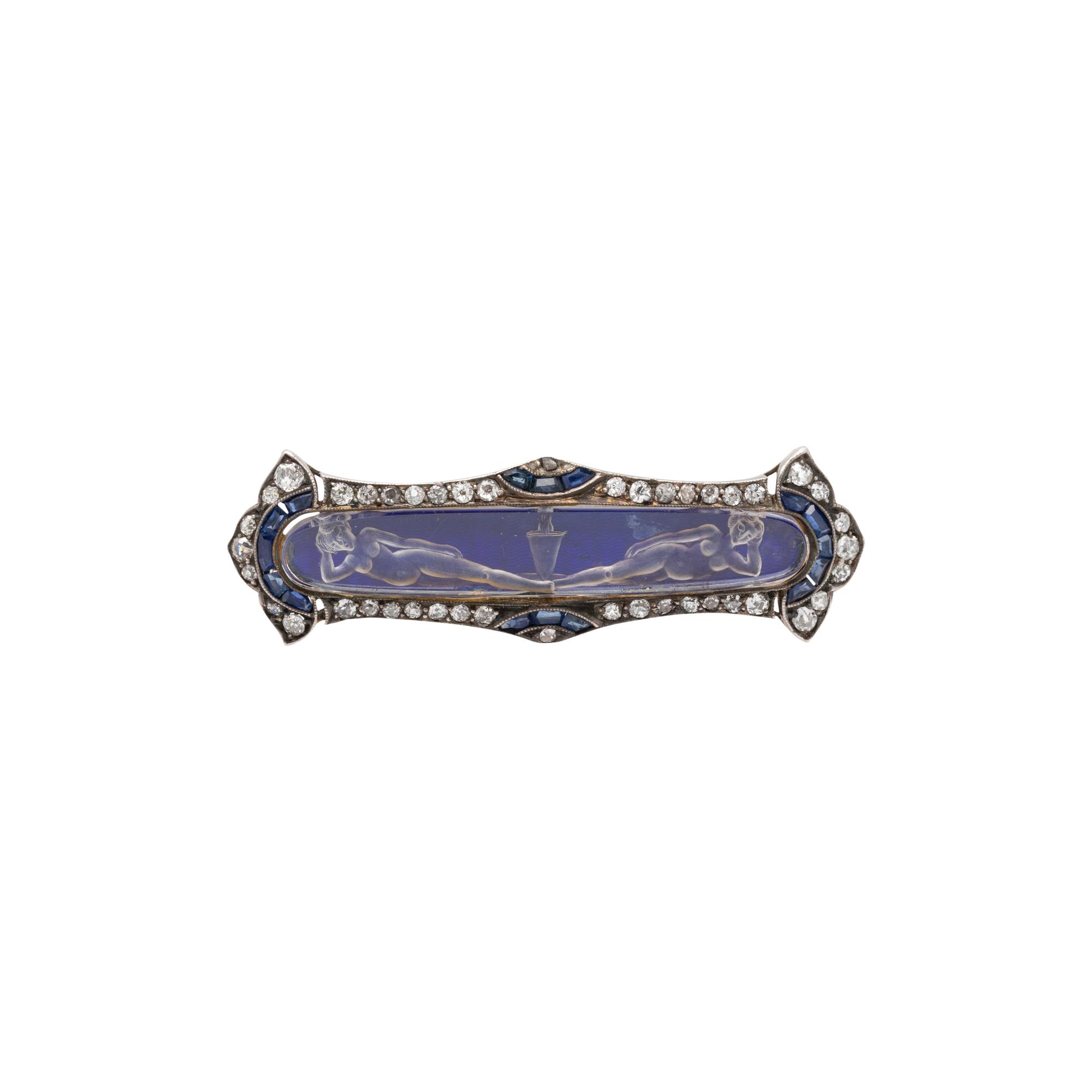 ANTIQUE, ETCHED GLASS, DIAMOND AND SAPPHIRE BROOCH