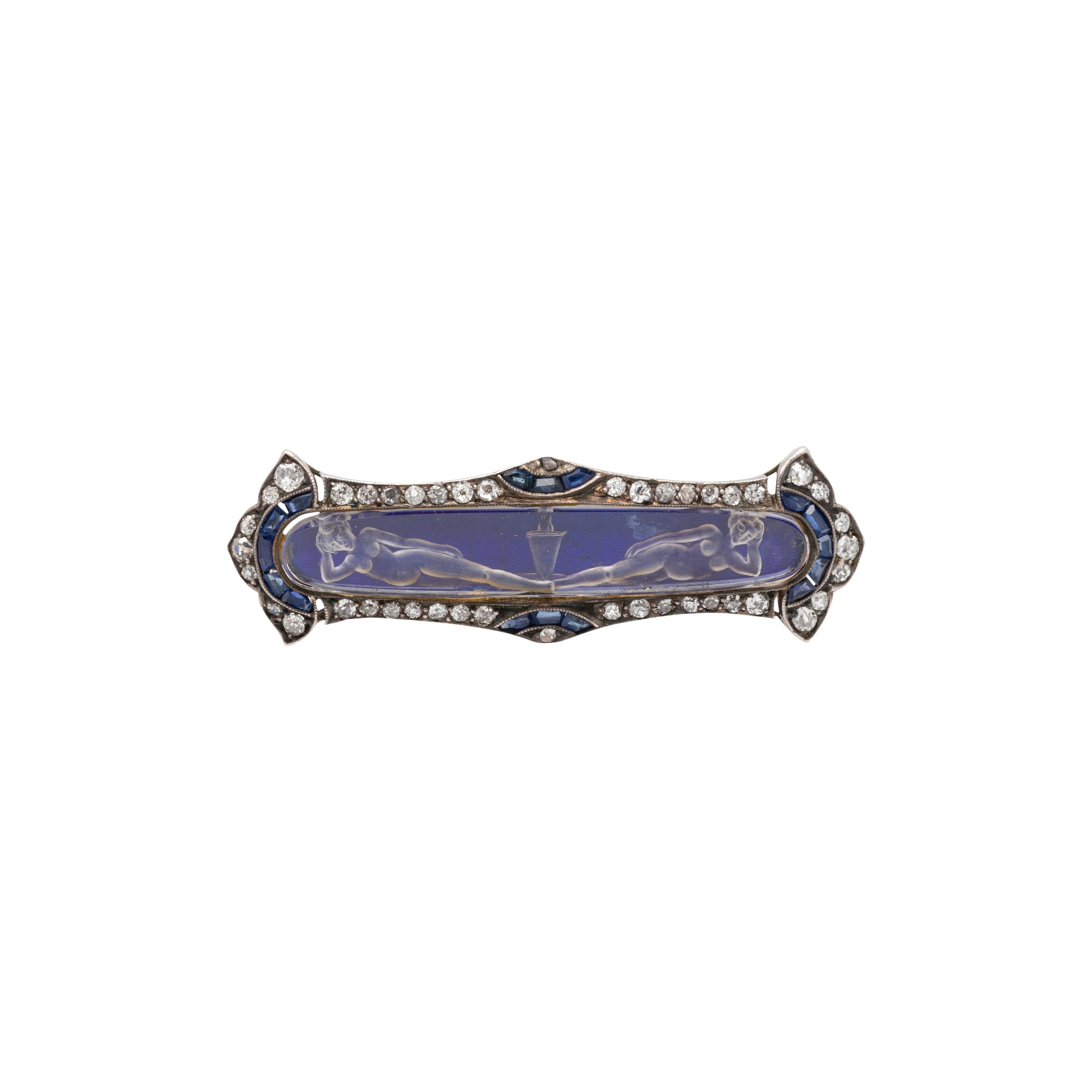 ANTIQUE, ETCHED GLASS, DIAMOND AND SAPPHIRE BROOCH