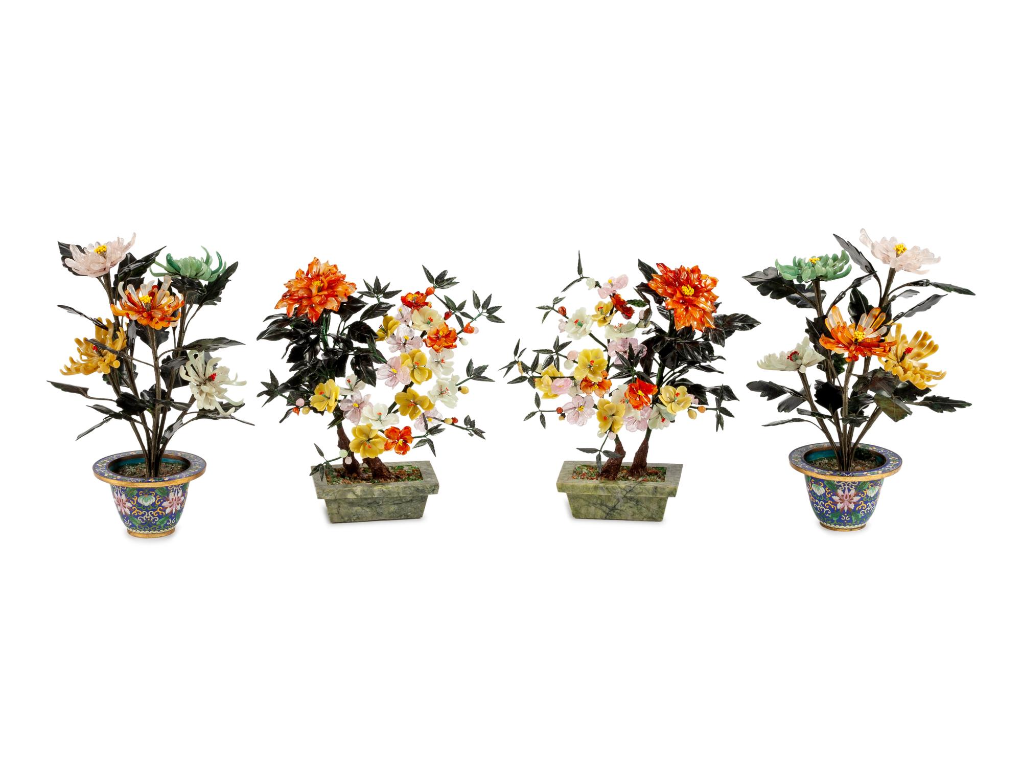 Two Pairs of Chinese Carved Hardstone Trees
