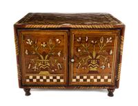 A Continental Gilt Metal and Mother-of-Pearl Inlaid Mahogany Jewelry Chest, Height 11 x width 14 1/4 x depth 9 3/4 inches.