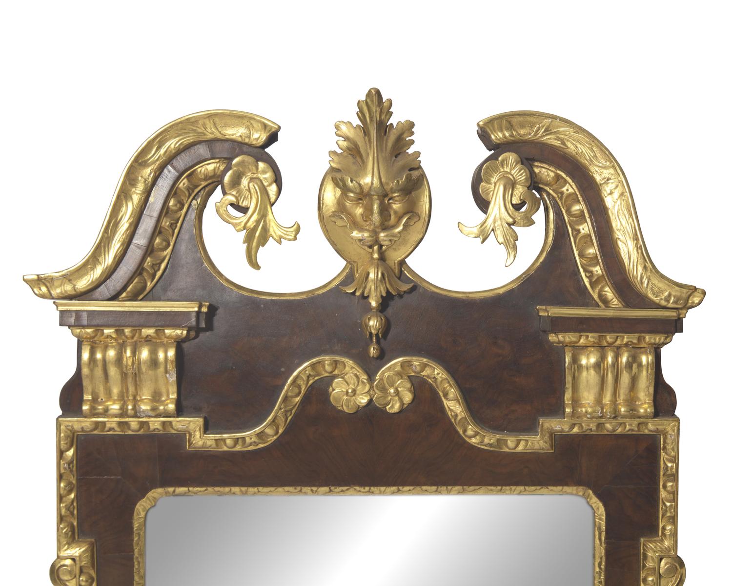 A George I Parcel-Gilt Burl Walnut Veneered Looking Glass