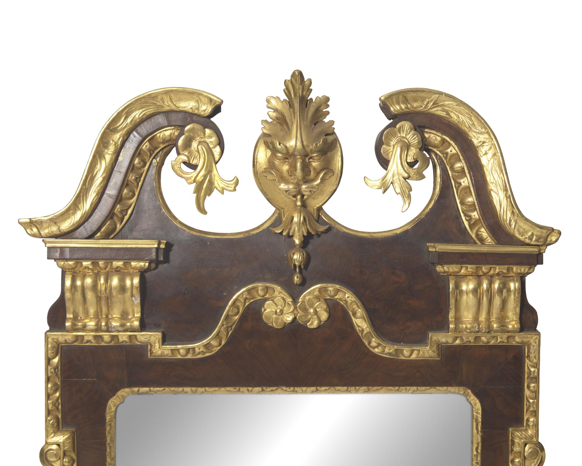 A George I Parcel-Gilt Burl Walnut Veneered Looking Glass