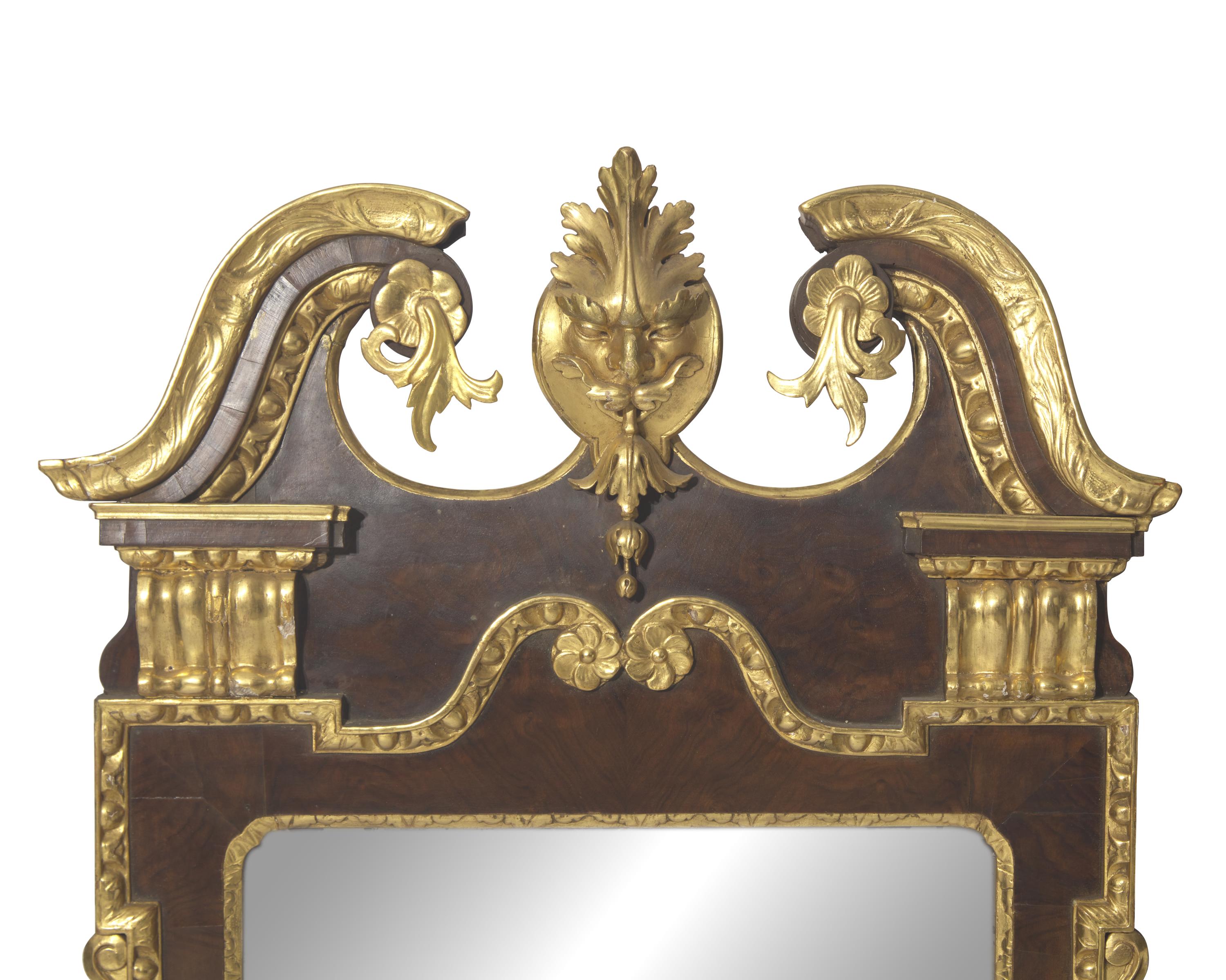A George I Parcel-Gilt Burl Walnut Veneered Looking Glass