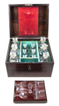 A George III Style Brass Banded Mahogany Campaign Decanter Set Width of cast 16 1/2 inches. — 19TH CENTURY