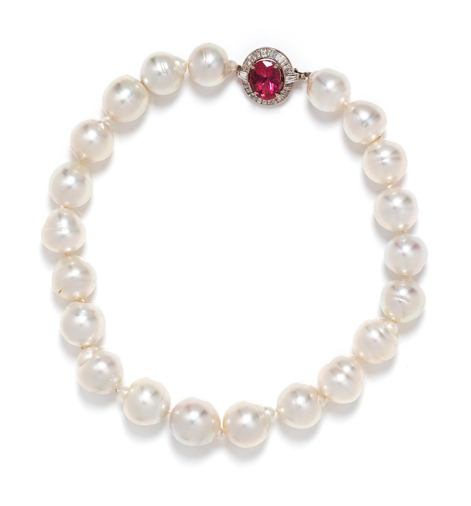 TOURMALINE, DIAMOND AND CULTURED BAROQUE PEARL NECKLACE