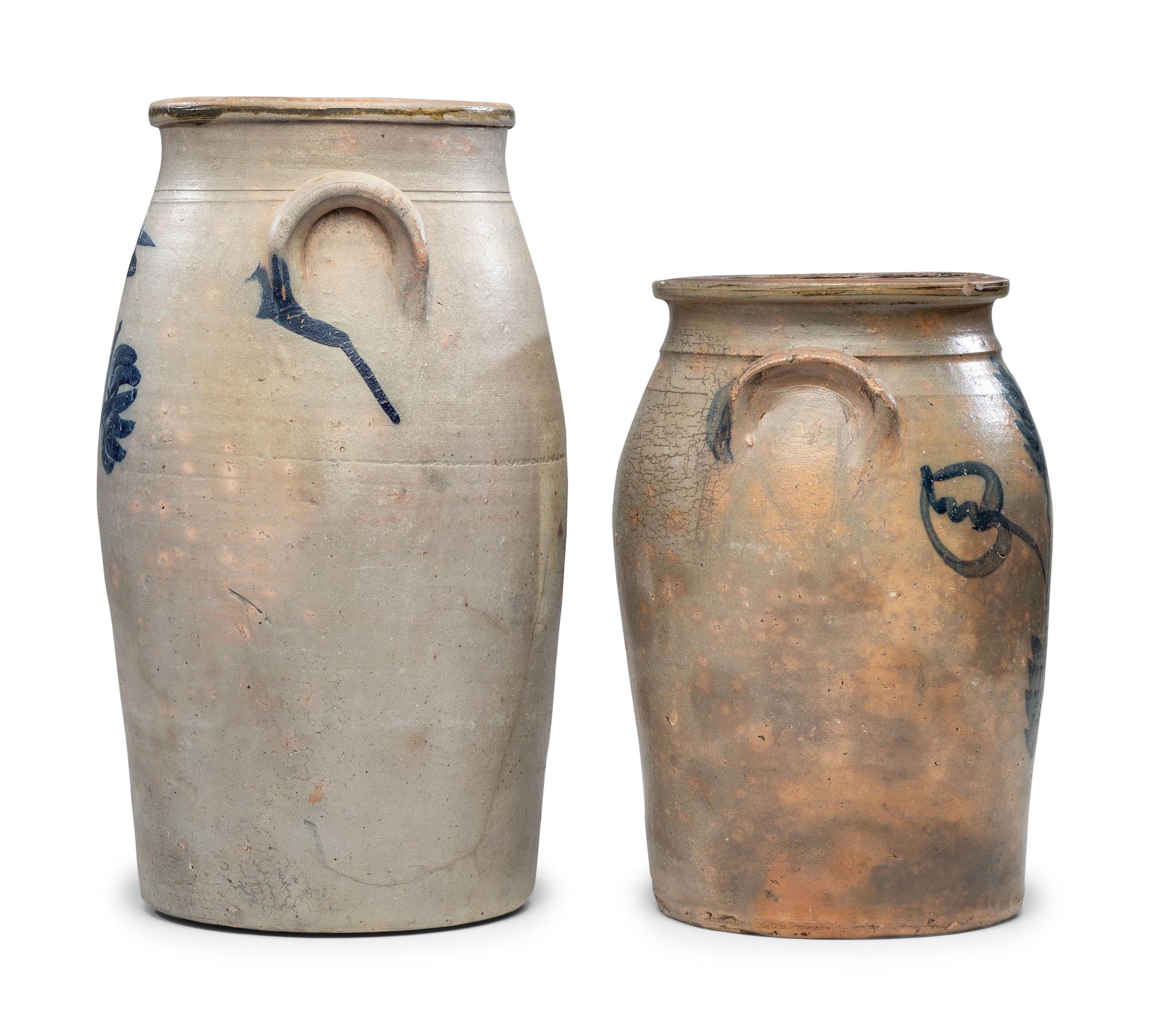 Two Cobalt Decorated Stoneware Crocks